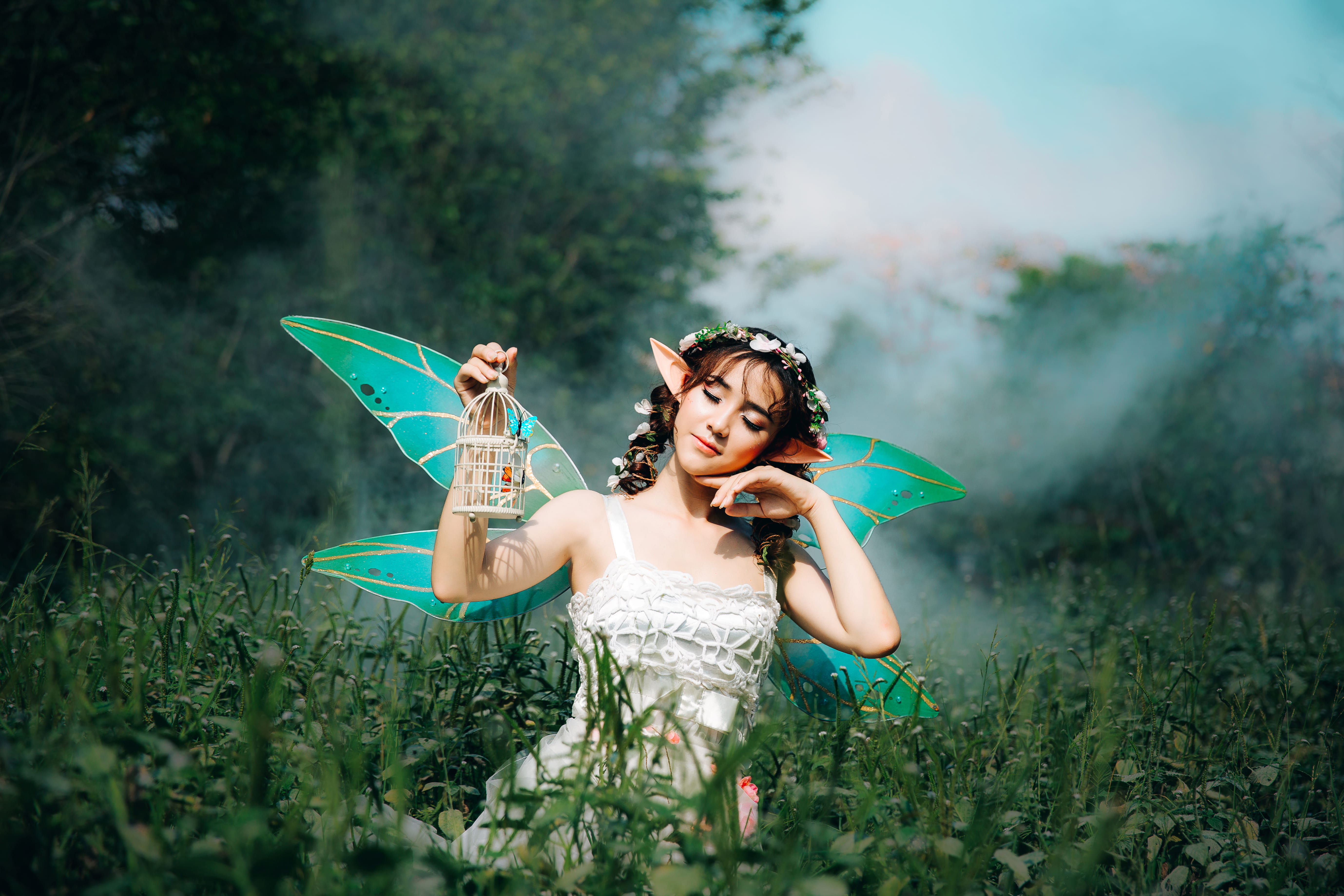 plants, woman, mist, outfit, person, near, forest, portrait, magic, nature, pose, tree, innocence, haze, fairy, smoke, grass, fantasy, plant, 5K, adult, HD Wallpaper