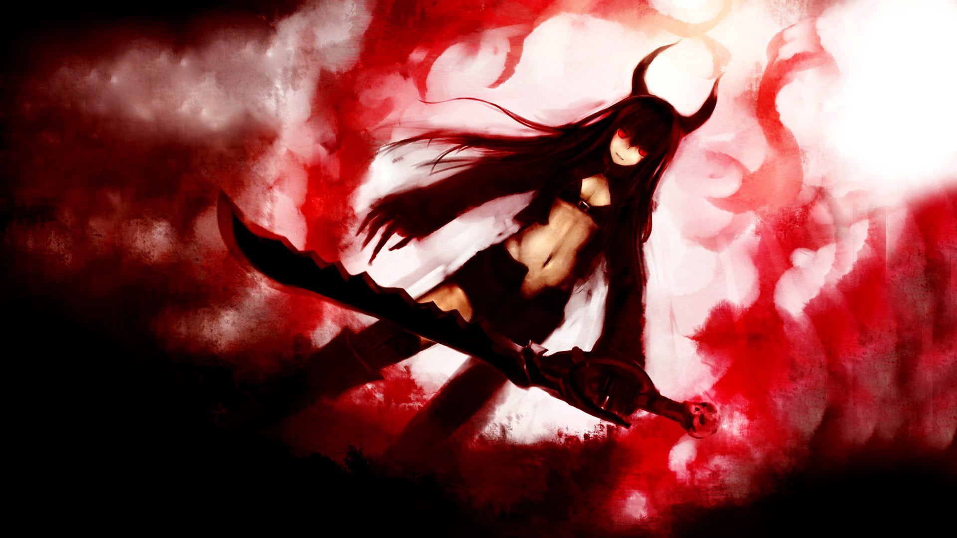 holding, nature, fantasy, one person, red, sword, spooky, character, 1080P, close-up, anime girls, indoors, illustration, horror, water, Black Gold Saw, HD Wallpaper