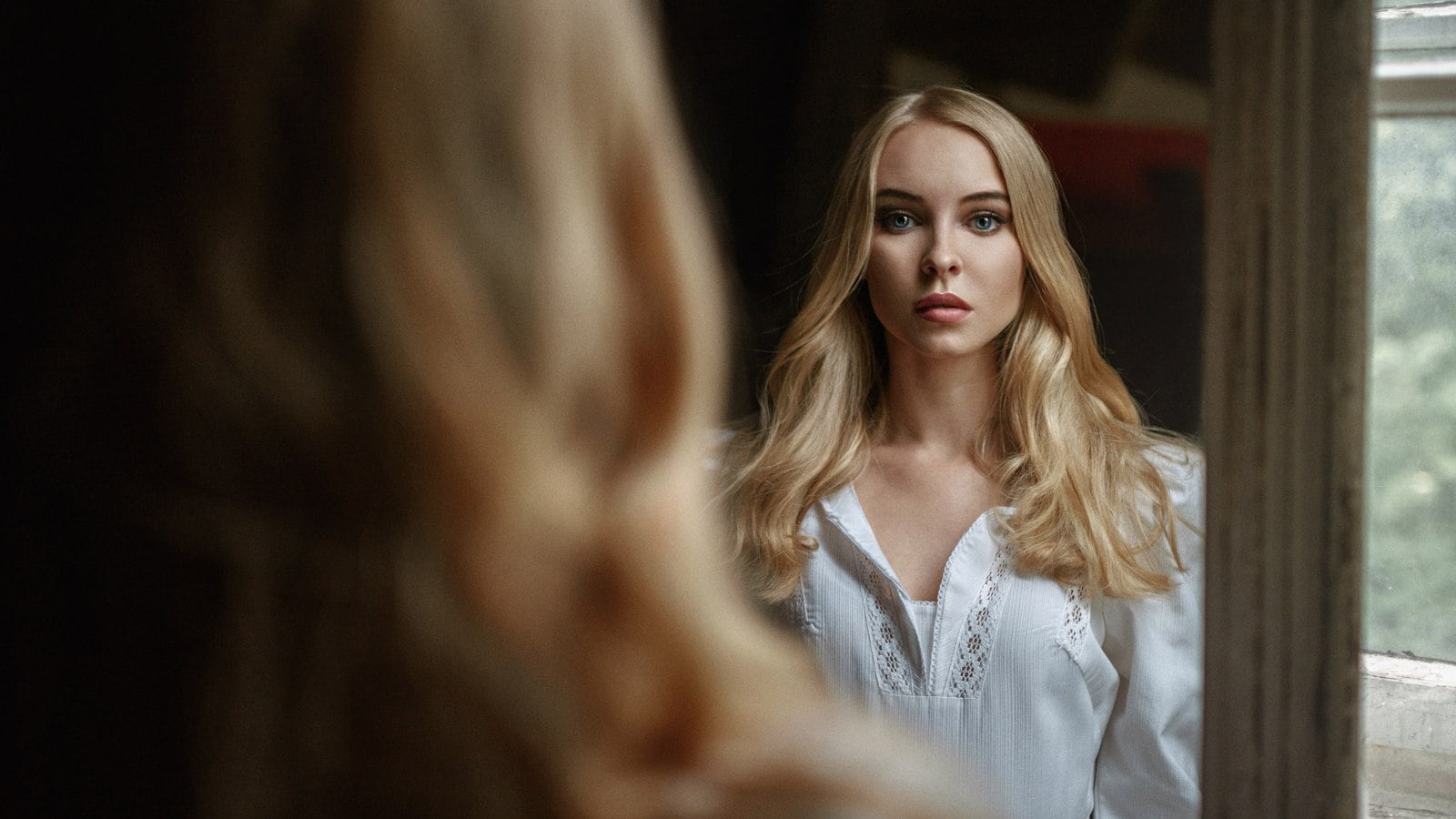 Viktoria Pichkurova, beautiful woman, face, beautiful people, mirror, portrait, one person, women, blonde, beauty, waiting, white shirt, blond hair, Georgy Chernyadyev, HD Wallpaper