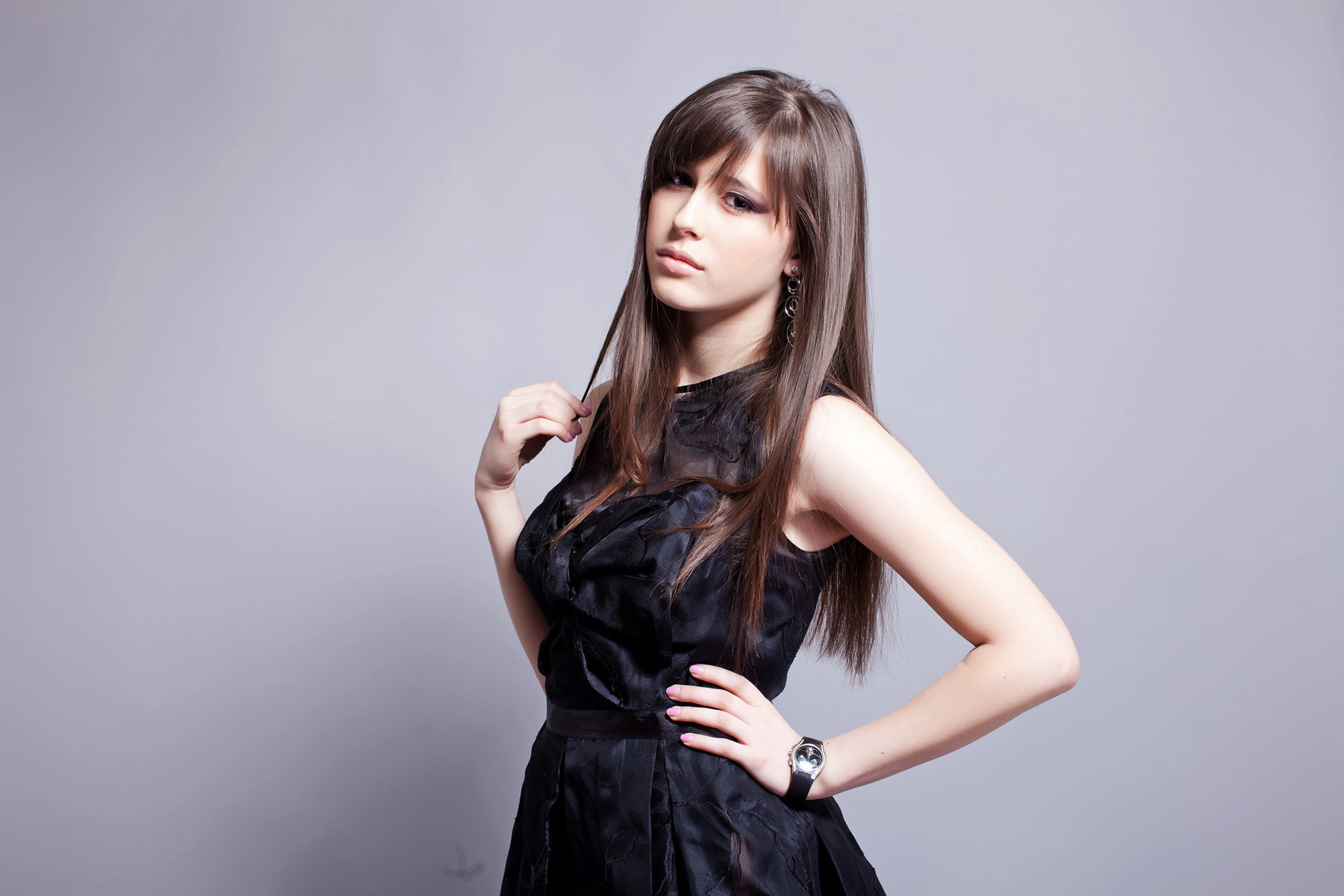 hands on hips, women, simple background, singer, Elvira T, 1080P, Russian women, looking at viewer, HD Wallpaper
