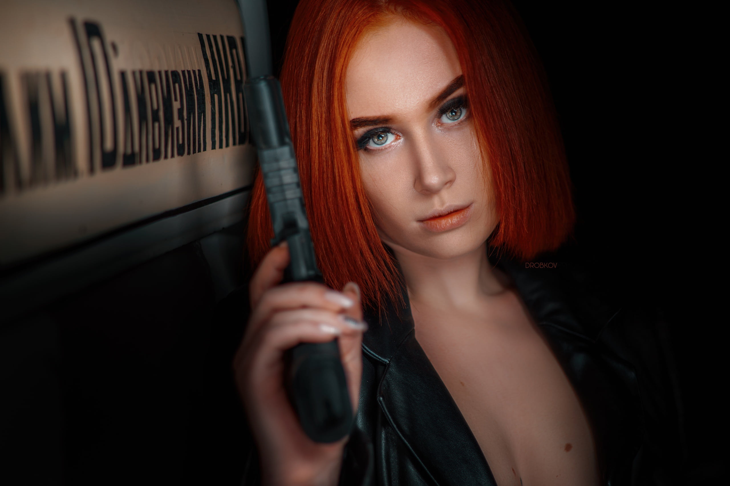 Elvira Pozdnysheva, red, look, Alexander Drobkov-Dark, Girl, gun, 2K, HD Wallpaper