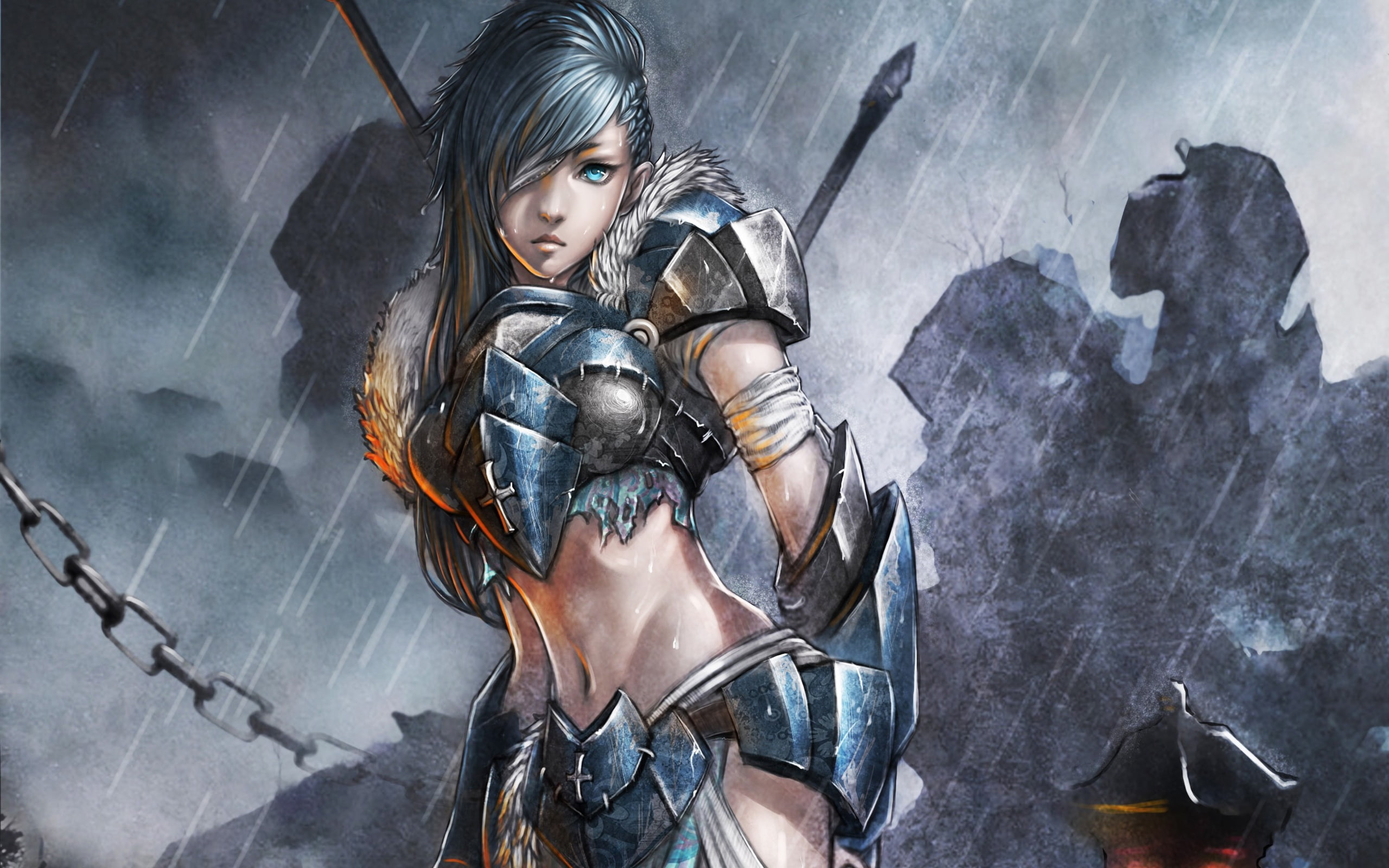 paintings, Soldier, Painting, Female, Fantasy, Rain, Art, 2K, Girl, HD Wallpaper