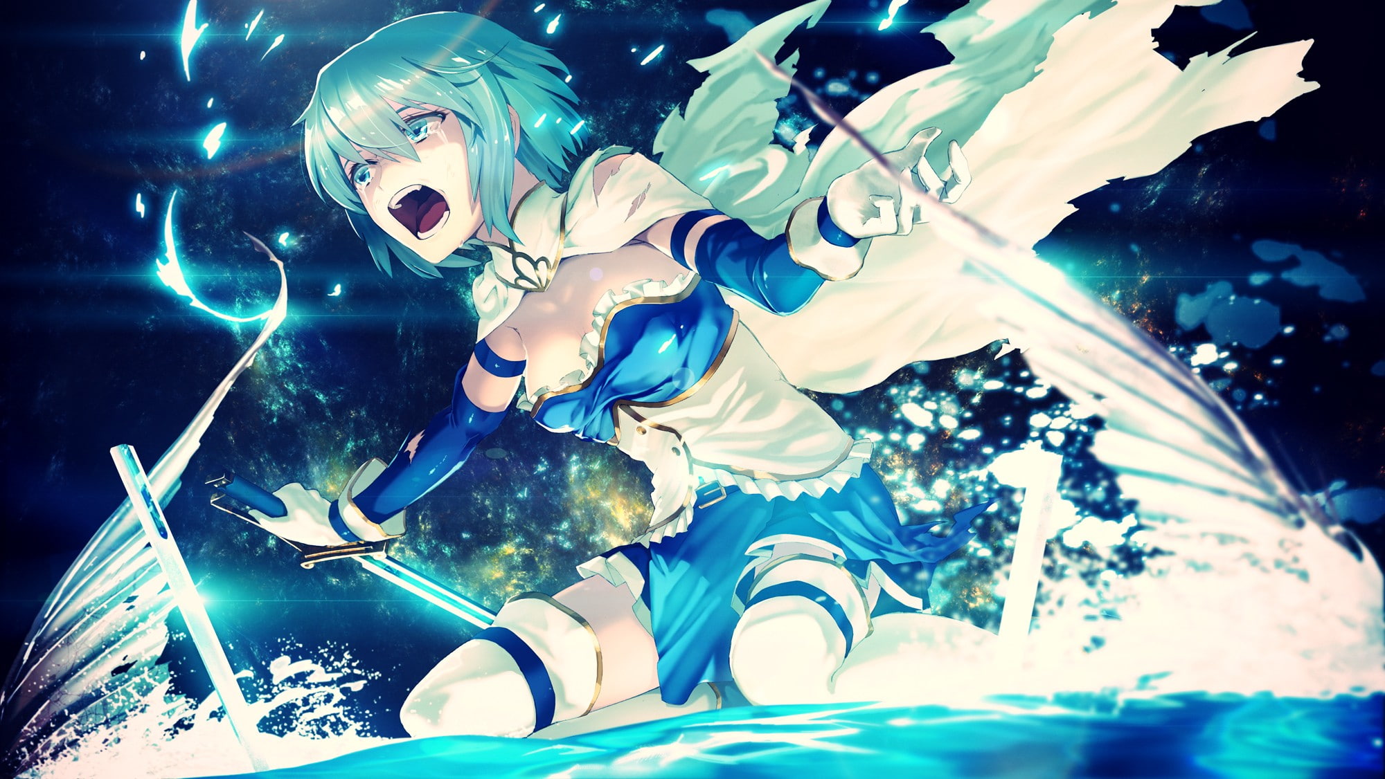 anime girls, digital composite, indoors, 1080P, anime, crying, close-up, no people, sea, music, Miki Sayaka, night, turquoise colored, celebration, reflection, HD Wallpaper