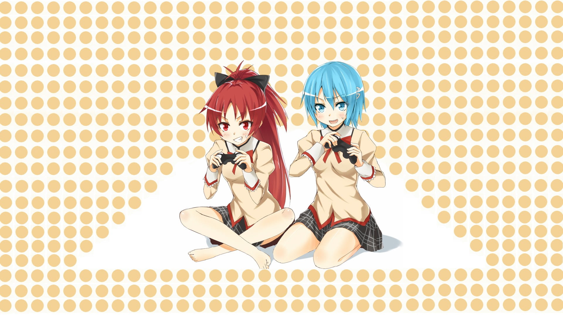 adult, helmet, sitting, women, young women, anime, red, female, retro styled, cartoon, Mahou Shoujo Madoka Magica, front view, young men, blue, friendship, HD Wallpaper