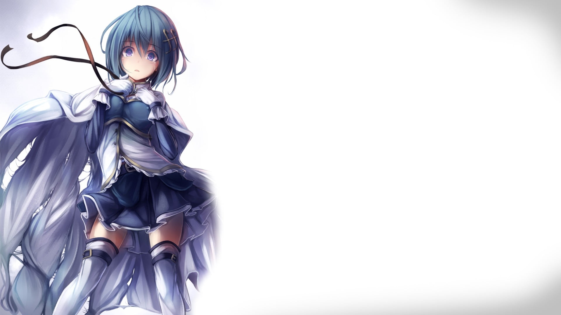 anime, casual clothing, females, dress, blue, real people, adult, Mahou Shoujo Madoka Magica, bangs, white, ribbon, indoors, women, wearing, copy space, HD Wallpaper