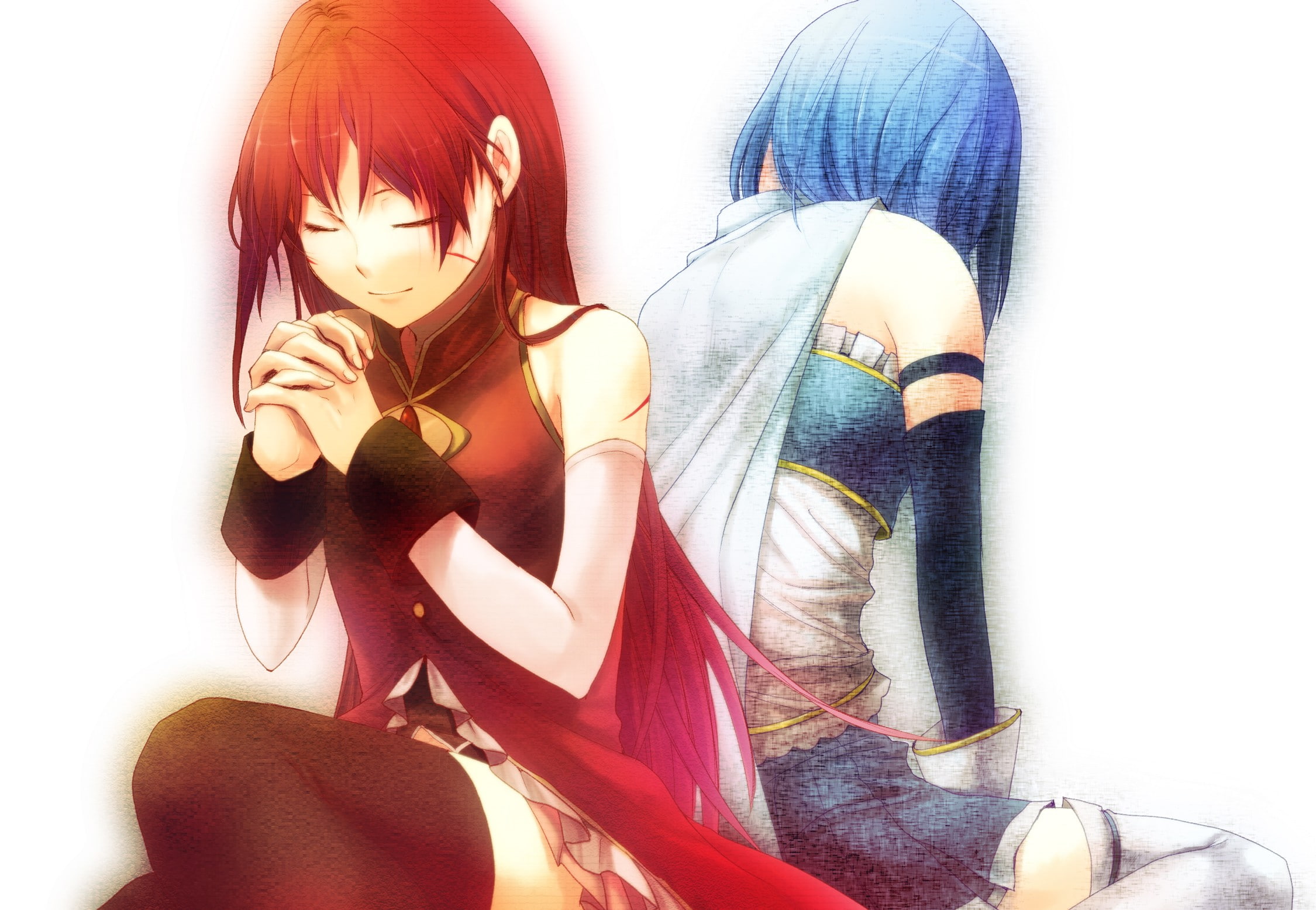 indoors, front view, female likeness, red, Mahou Shoujo Madoka Magica, human representation, clothing, fashion, women, one person, Miki Sayaka, Sakura Kyouko, HD Wallpaper
