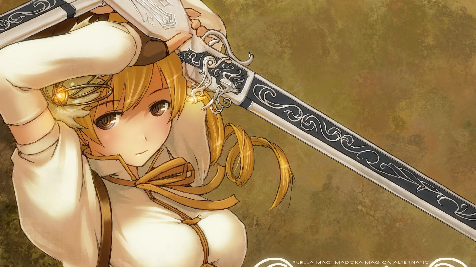 female, art and craft, closeup, gold colored, sword, pattern, Mahou Shoujo Madoka Magica, photo, representation, indoors, sculpture, statue, anime, no people, HD Wallpaper