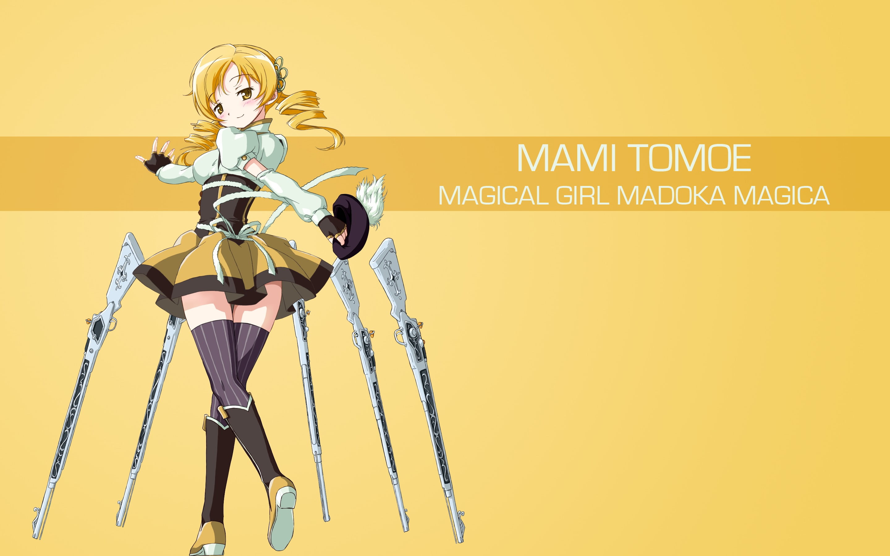anime girls, fashion, yellow, text, robot, one person, 2K, wall - building feature, representation, technology, human representation, Mahou Shoujo Madoka Magica, HD Wallpaper
