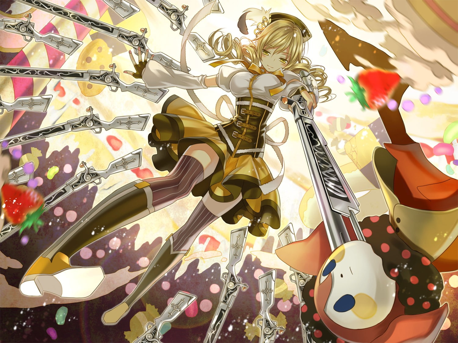 floral pattern, Tomoe Mami, store, sale, Mahou Shoujo Madoka Magica, multi colored, abundance, for sale, 720P, variation, retail display, table, pattern, HD Wallpaper
