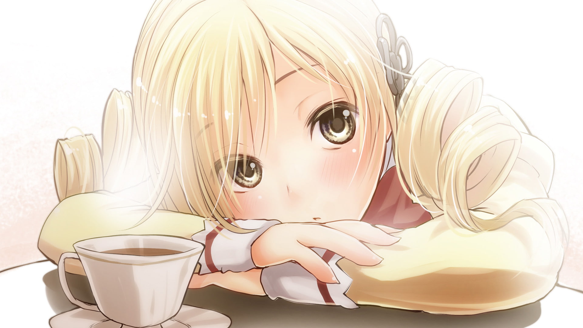 childhood, females, looking at camera, food and drink, blond hair, household equipment, 1080P, human representation, drink, mug, child, manga, Tomoe Mami, HD Wallpaper