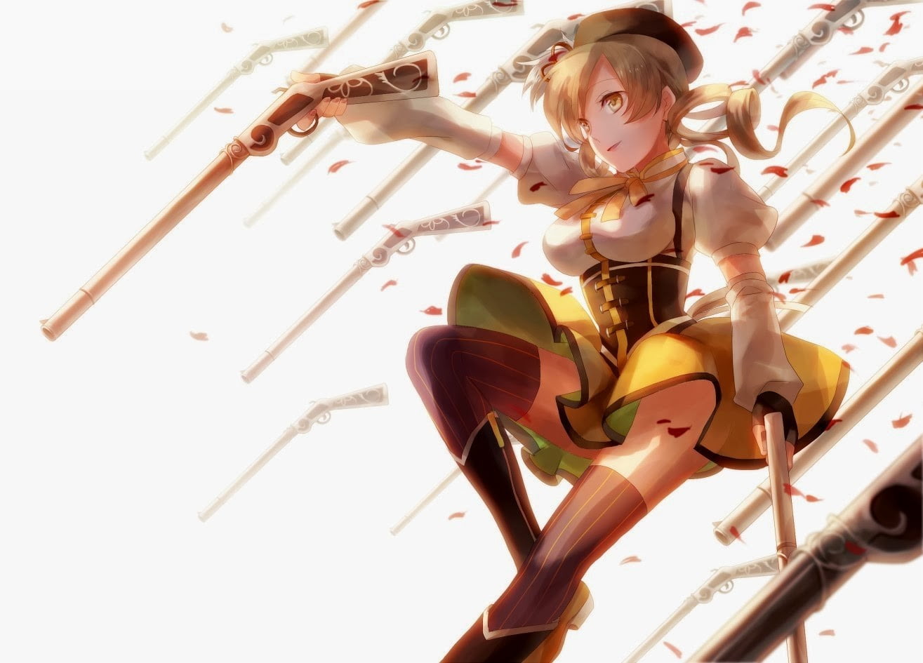 Tomoe Mami, low angle view, anime girls, leisure activity, females, Mahou Shoujo Madoka Magica, lifestyles, girls, front view, 720P, indoors, representation, HD Wallpaper