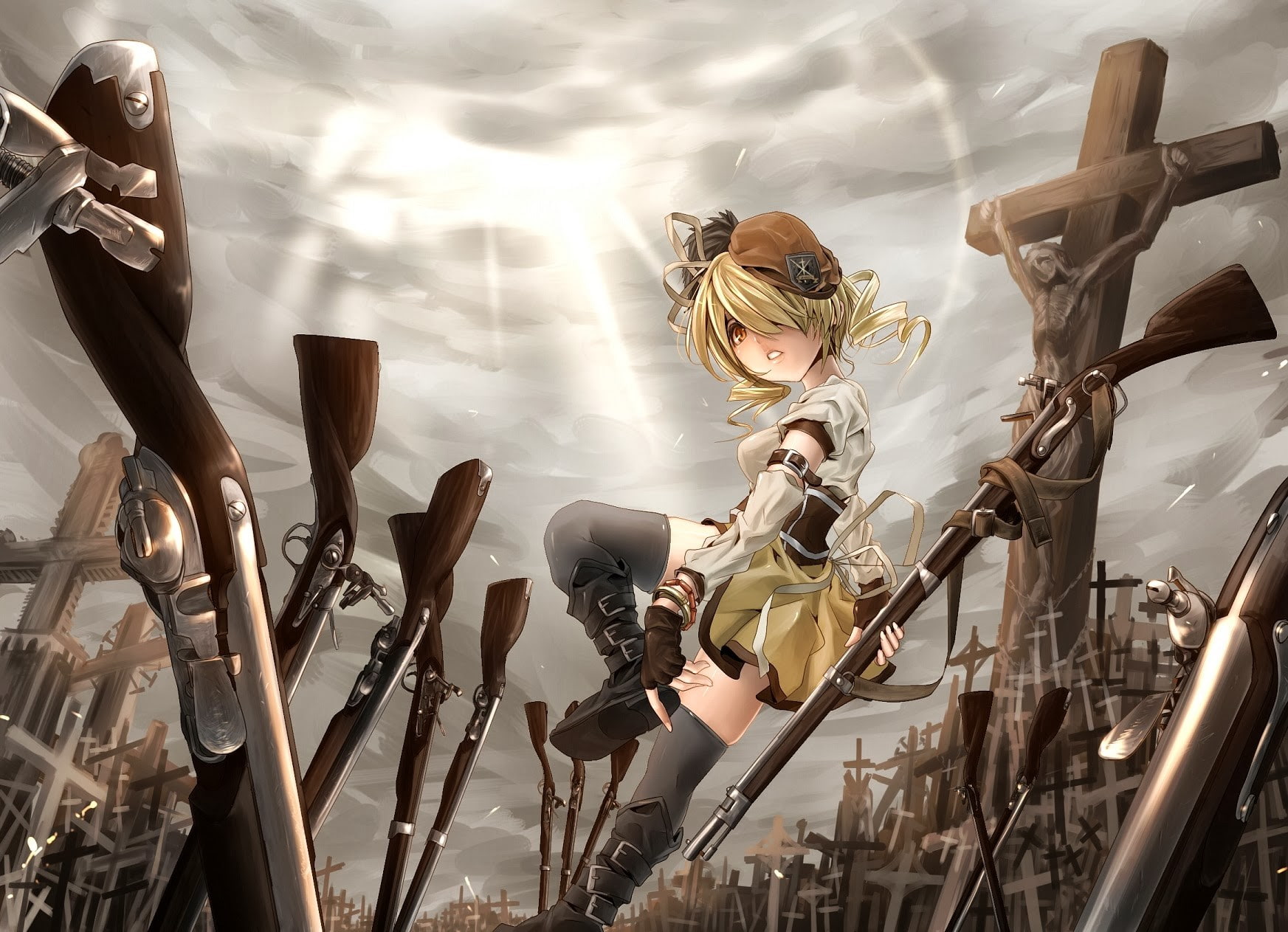 young adult, lifestyles, blonde, Mahou Shoujo Madoka Magica, technology, sky, Tomoe Mami, real people, women, low angle view, hairstyle, cloud - sky, 720P, HD Wallpaper