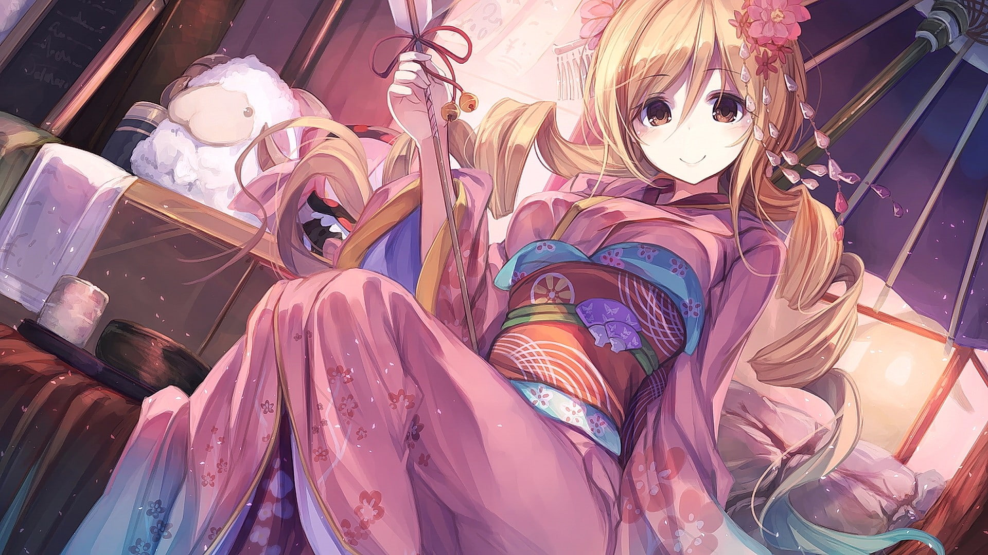 looking at viewer, flowers, Tomoe Mami, Japanese clothes, anime, brown eyes, umbrella, kimono, Mahou Shoujo Madoka Magica, 1080P, blonde, smiling, long hair, HD Wallpaper