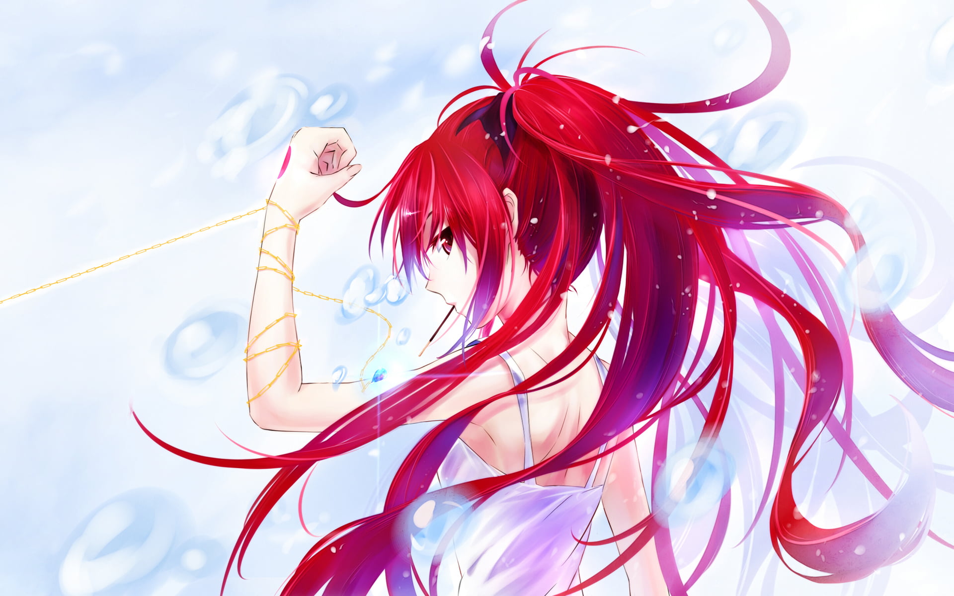 water, motion, focus on foreground, pattern, 1080P, art and craft, nature, long hair, redhead, white background, female, anime, manga, studio shot, close-up, HD Wallpaper