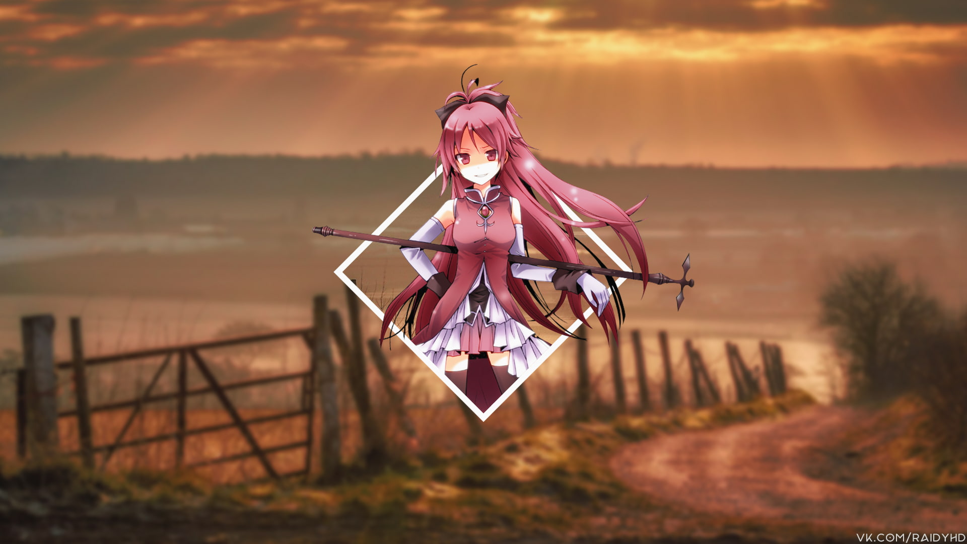 picture-in-picture, sunset, outdoors, plant, costume, adult, young adult, clothing, grass, anime, field, cloud - sky, land, Mahou Shoujo Madoka Magica, HD Wallpaper