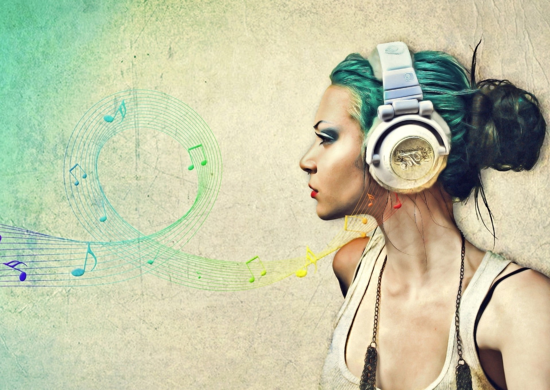 wall - building feature, musical notes, music, headshot, day, profile, technology, young women, women, 720P, headphones, digital art, hairstyle, young adult, HD Wallpaper