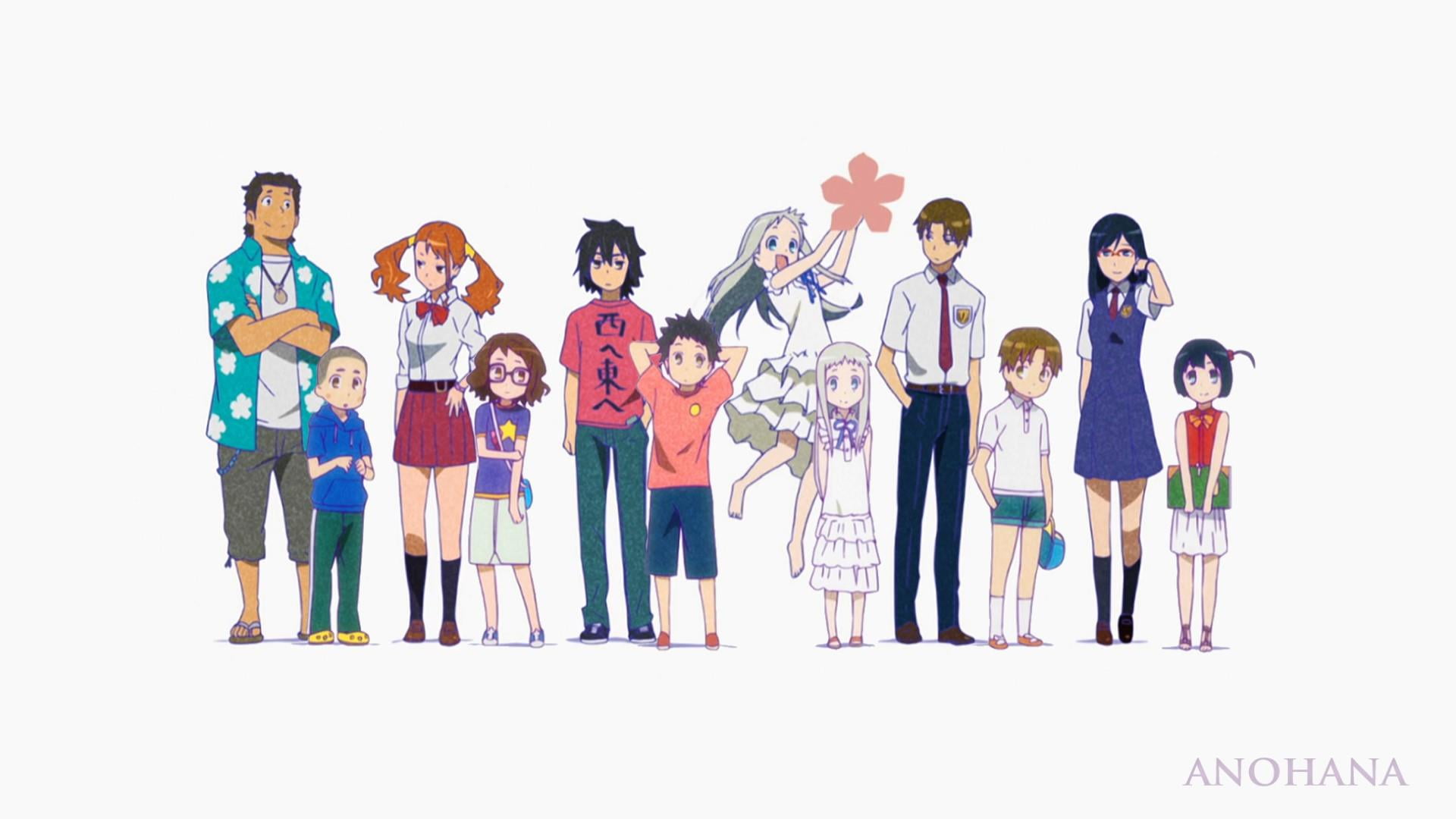 friendship, females, studio shot, anohana, in a row, anime, girls, people, teenager, women, cut out, indoors, education, summer, full length, males, togetherness, HD Wallpaper