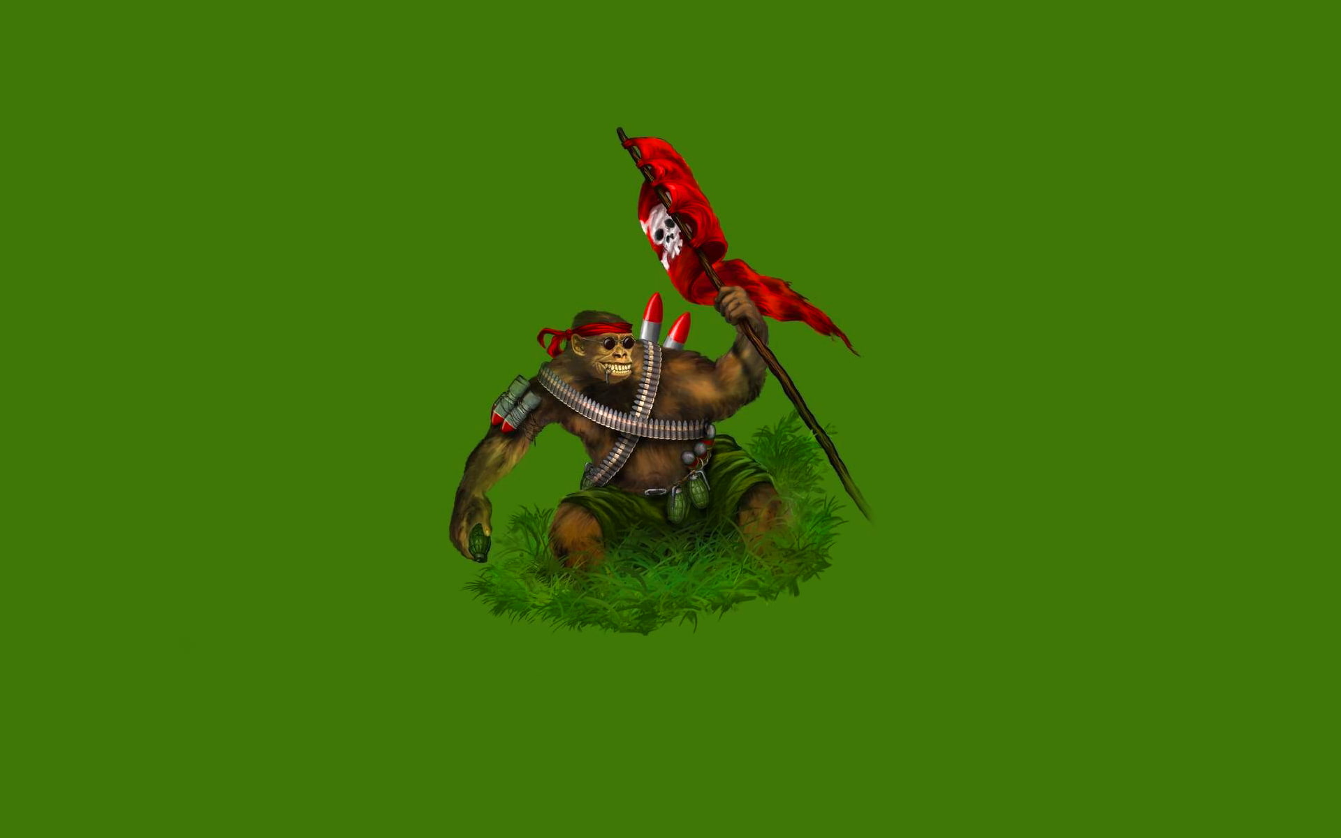 green, pomegranate, monkey, minimalism, smile, skull, holding, flag, glasses, rocket, 1080P, Original War, cartridges, headband, grass, HD Wallpaper