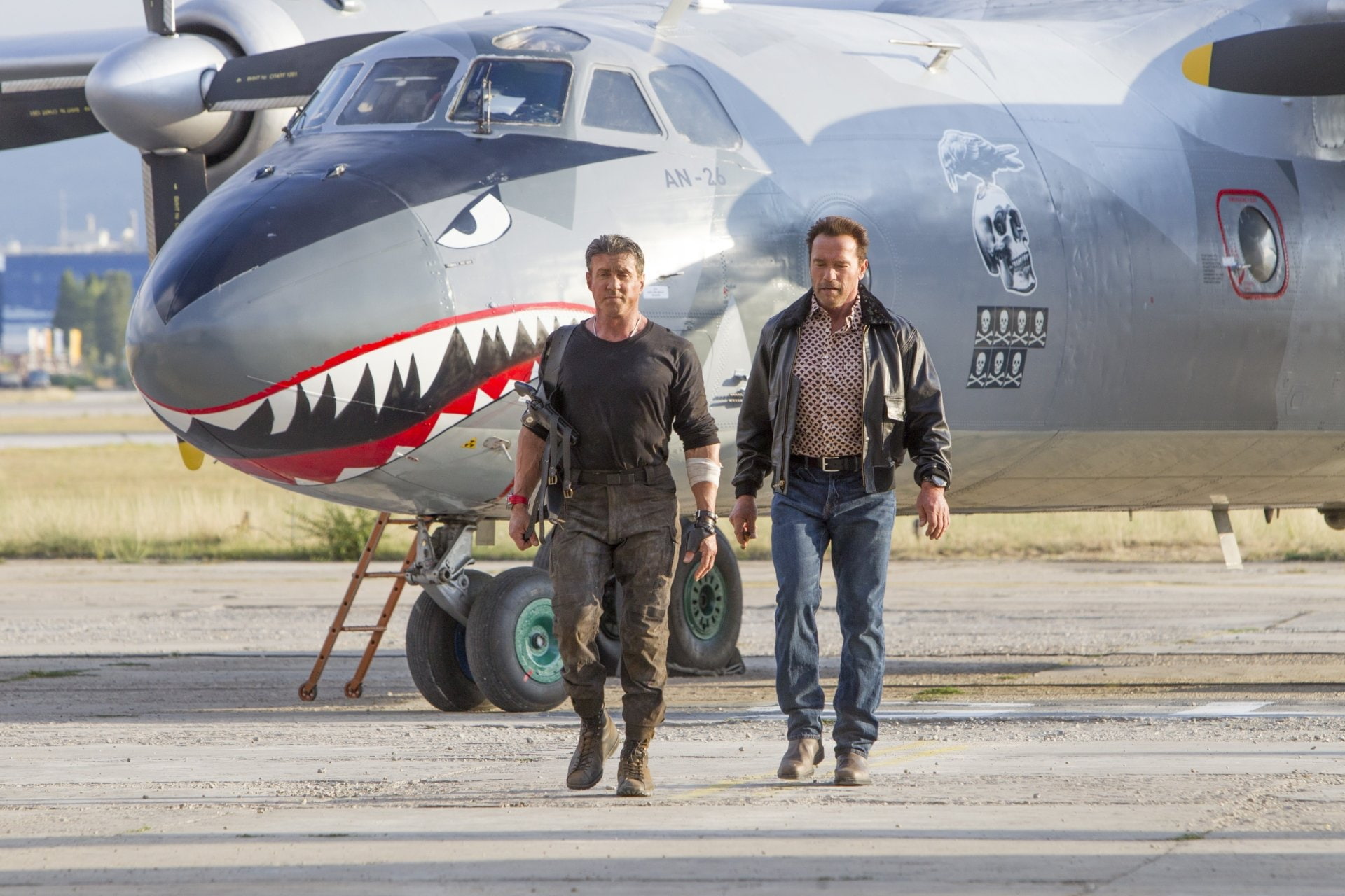 airplane, people, males, emotion, men, looking at camera, The Expendables 3, 1080P, smiling, day, front view, full length, airport, mode of transportation, HD Wallpaper