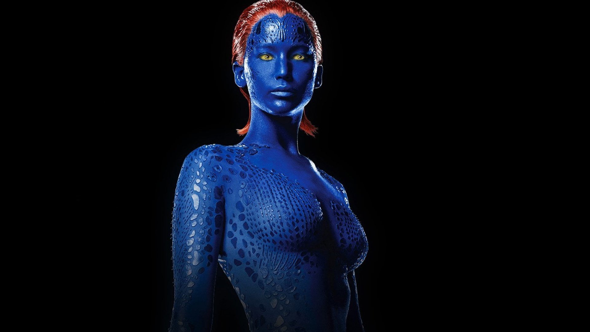 indoors, illuminated, studio shot, hairstyle, portrait, blue, body paint, X-Men, black background, creativity, copy space, women, 1080P, young adult, pattern, HD Wallpaper