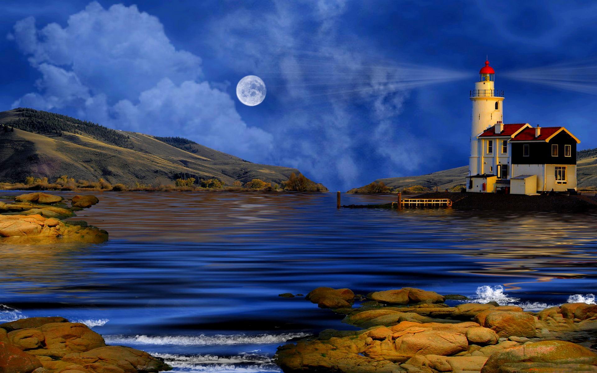 ocean, 1080P, lighthouse, 3d and abstract, light, moonlight, moon, mystique, HD Wallpaper