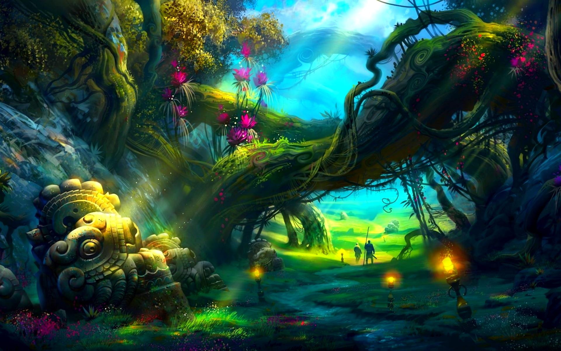 illustration, mystique, roots, screen, green, road, forest, 3d and abstract, bushes, lights, 1080P, travelers, tree, fantasy, sculpture, HD Wallpaper