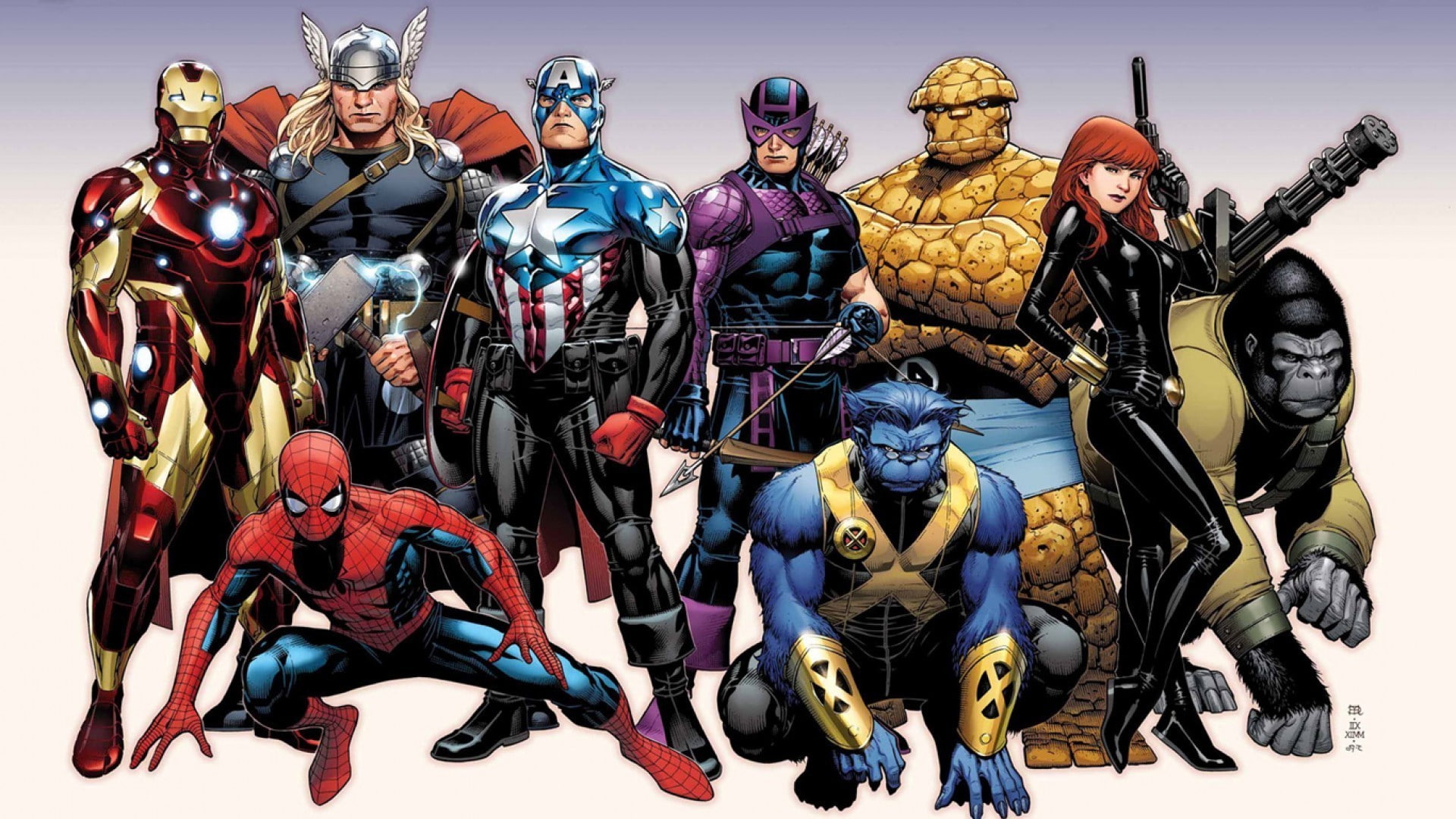 male likeness, female likeness, representation, creativity, multi colored, variation, day, statue, choice, technology, arrangement, comics spider man iron man captain america thor hawkeye beast character black widow the avengers thing, HD Wallpaper