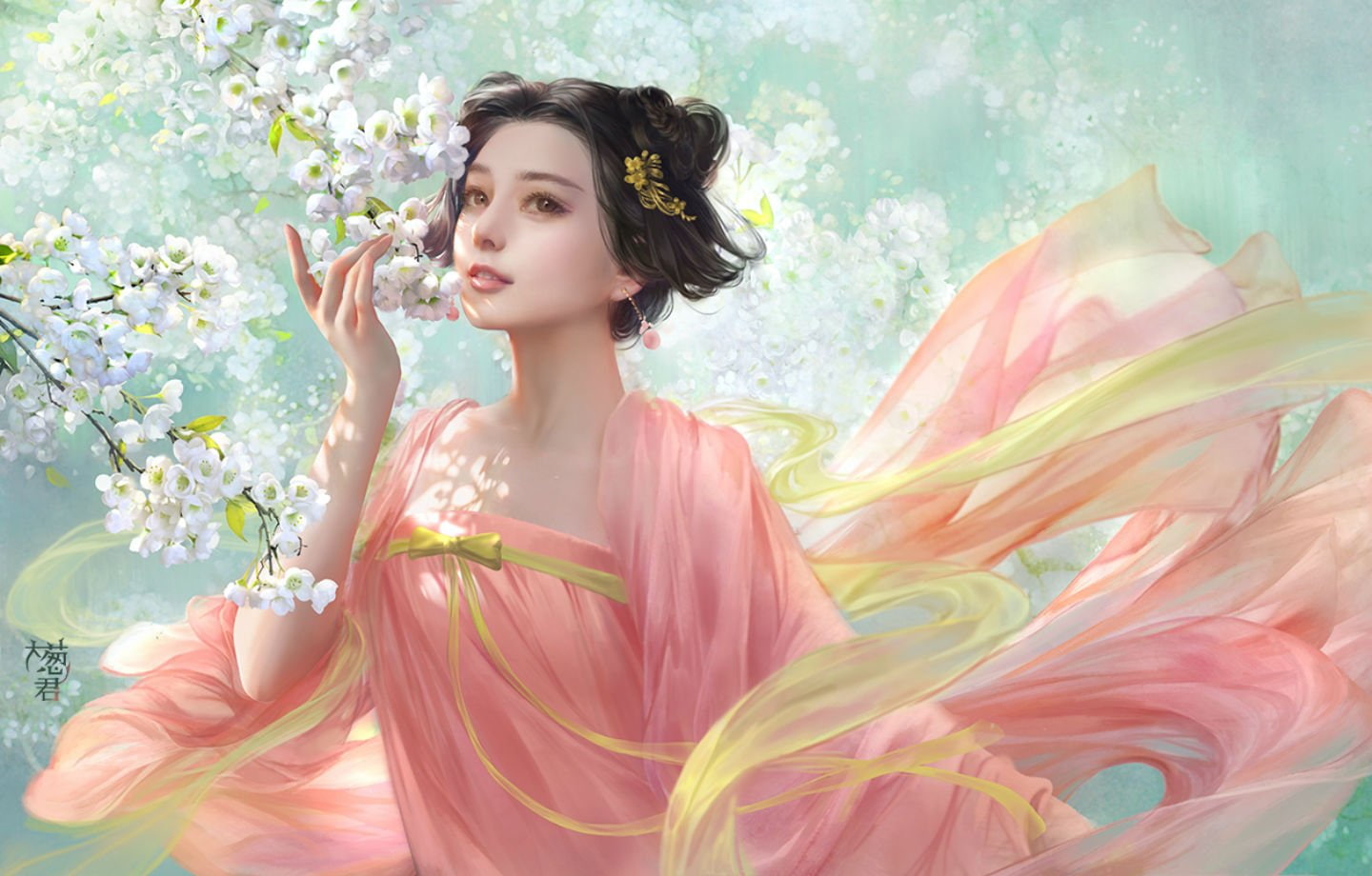 flowers, original, 720P, realistic, short, black, brown, dress, bingbing, fan, hair, hao6578300, eyes, HD Wallpaper