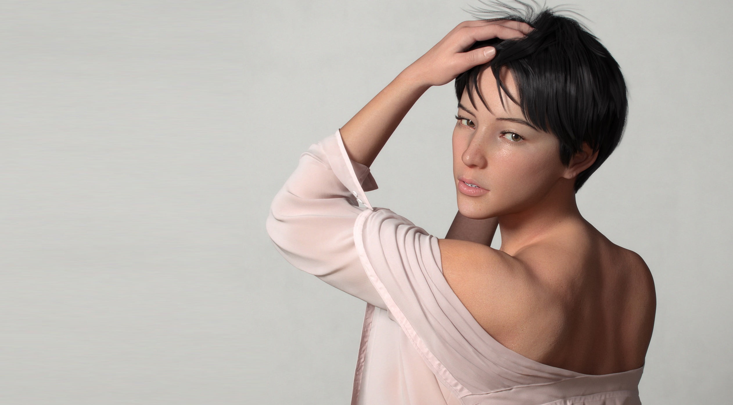 Chao Dong, render, digital art, simple background, women, dark hair, 1080P, face, HD Wallpaper