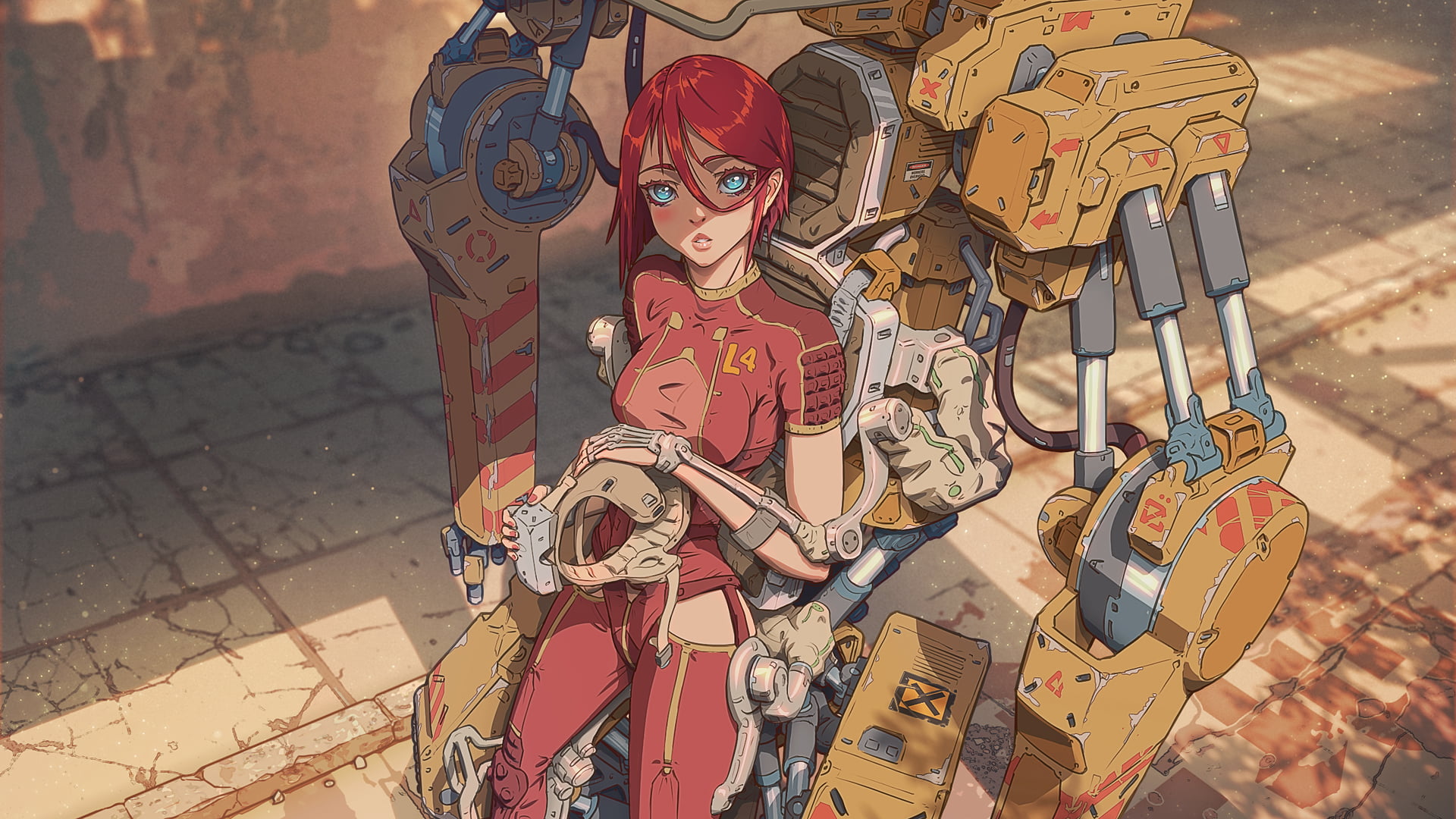 mech, cyberpunk, exosuit, futuristic, anime girls, cats, drawing, science fiction, Exoskeleton, 1080P, HD Wallpaper