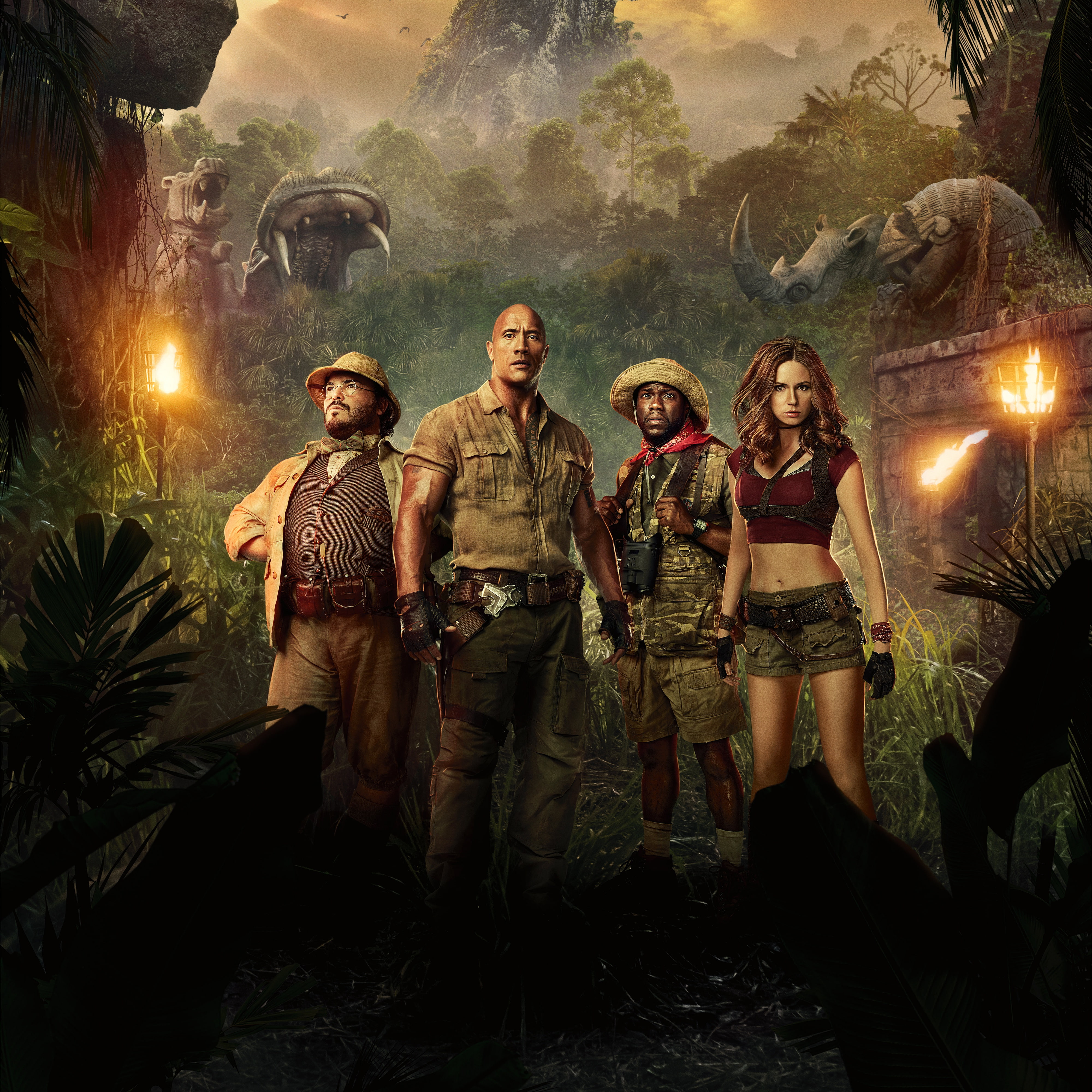 poster, fire, Kevin HART, Karen Gillan, torches, sculpture, adventure, Jumanji: Welcome to the Jungle, characters, jungle, Jumanji: the jungle, Jack Black, Phone HD Wallpaper