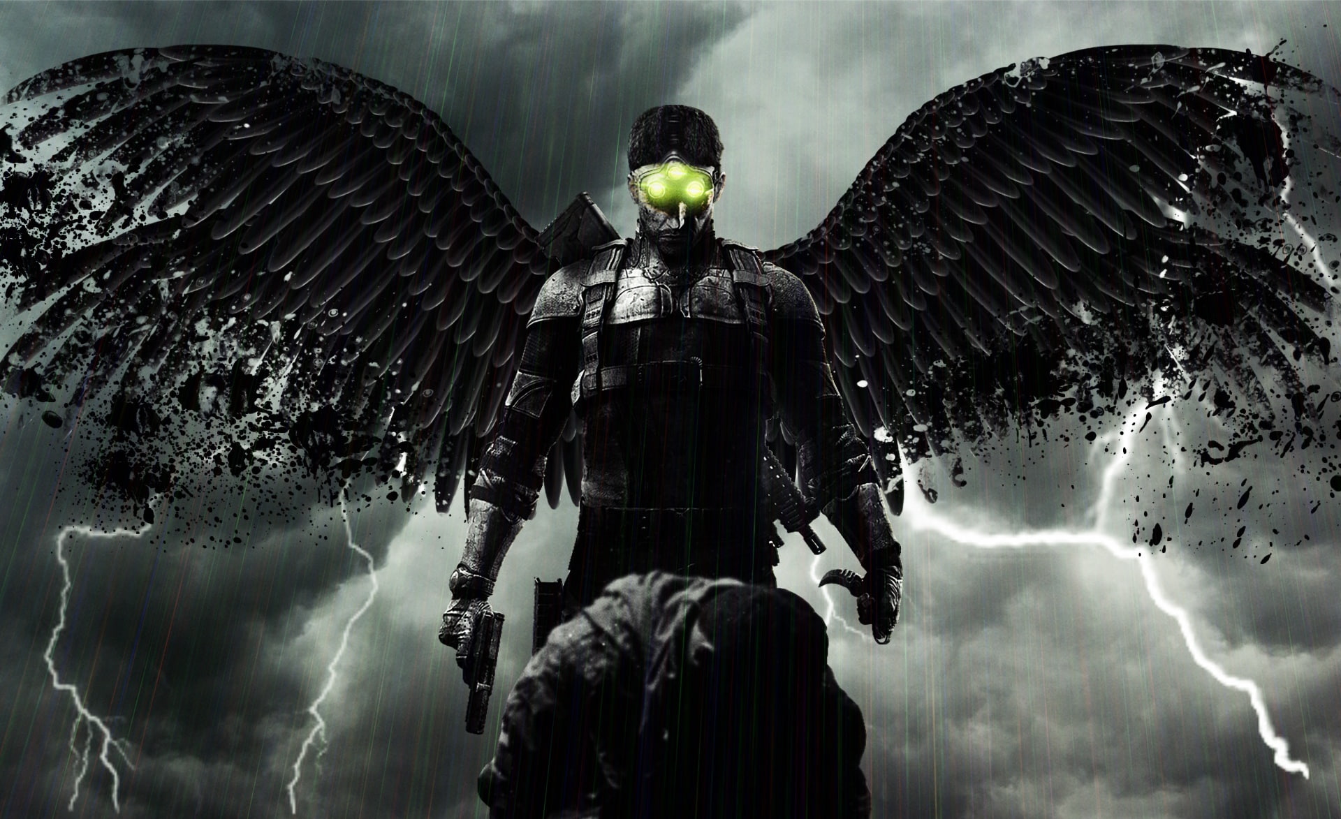 Angel, digital composite, representation, full length, digital, Splinter Cell, holding, Shooter, wings, Storm, rain, architecture, outdoors, splinter, pistol, HD Wallpaper