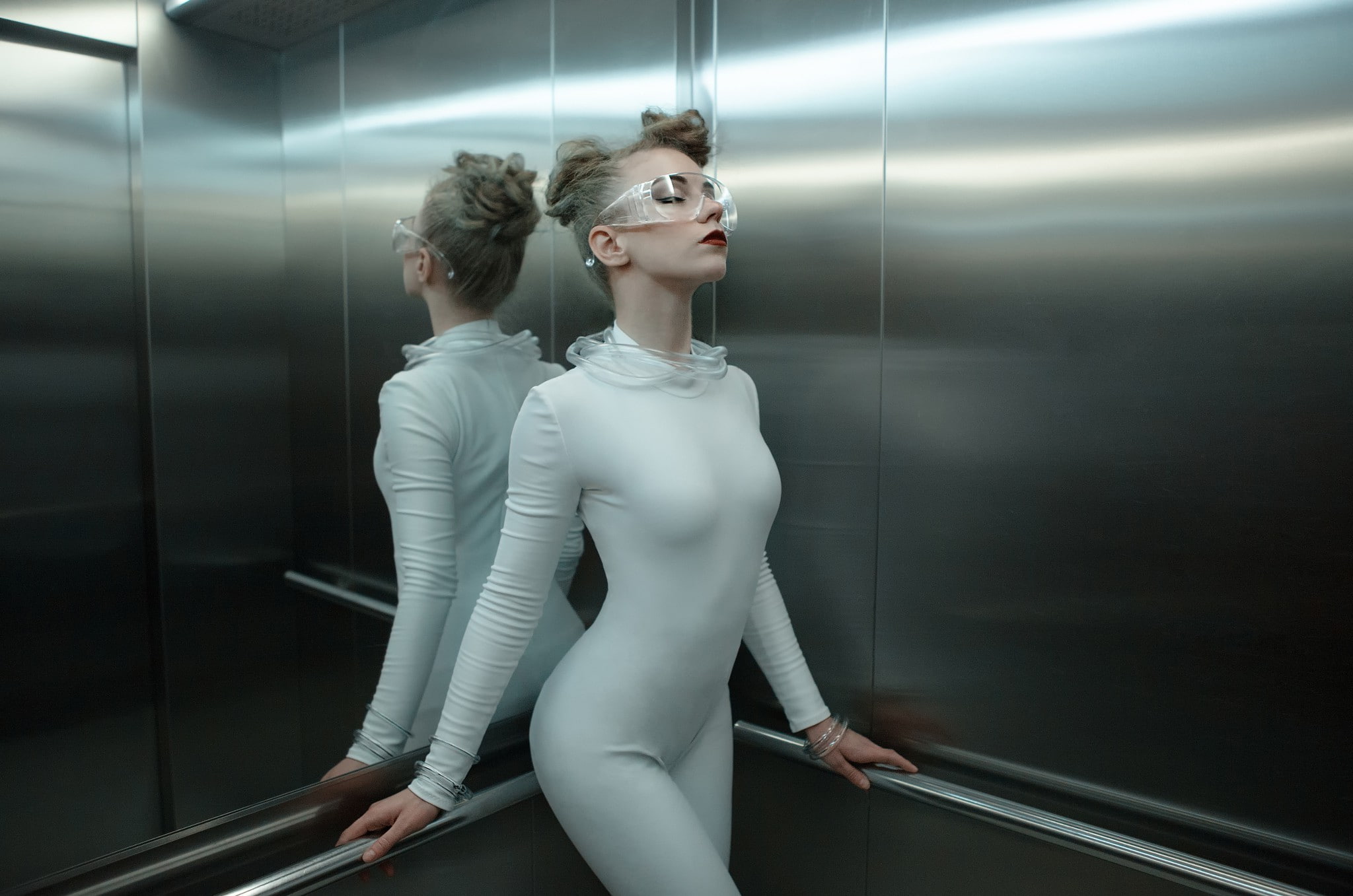 fashion, Elevator, 1080P, women, catsuits, model, HD Wallpaper