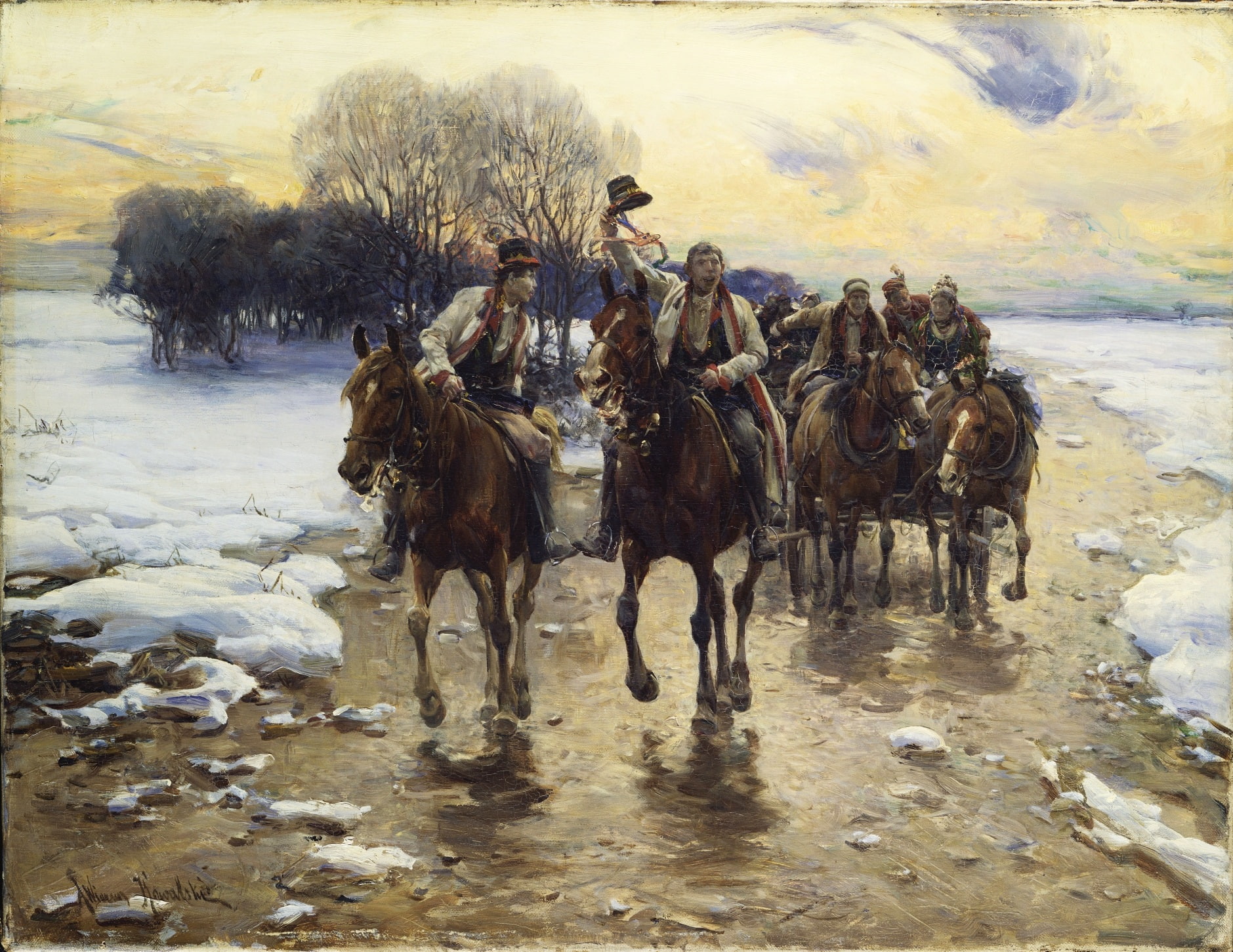 water, winter, pets, snow, mammal, vertebrate, animal themes, artwork, nature, group of animals, classic art, herbivorous, outdoors, Alfred Kowalski-Wierusz, HD Wallpaper