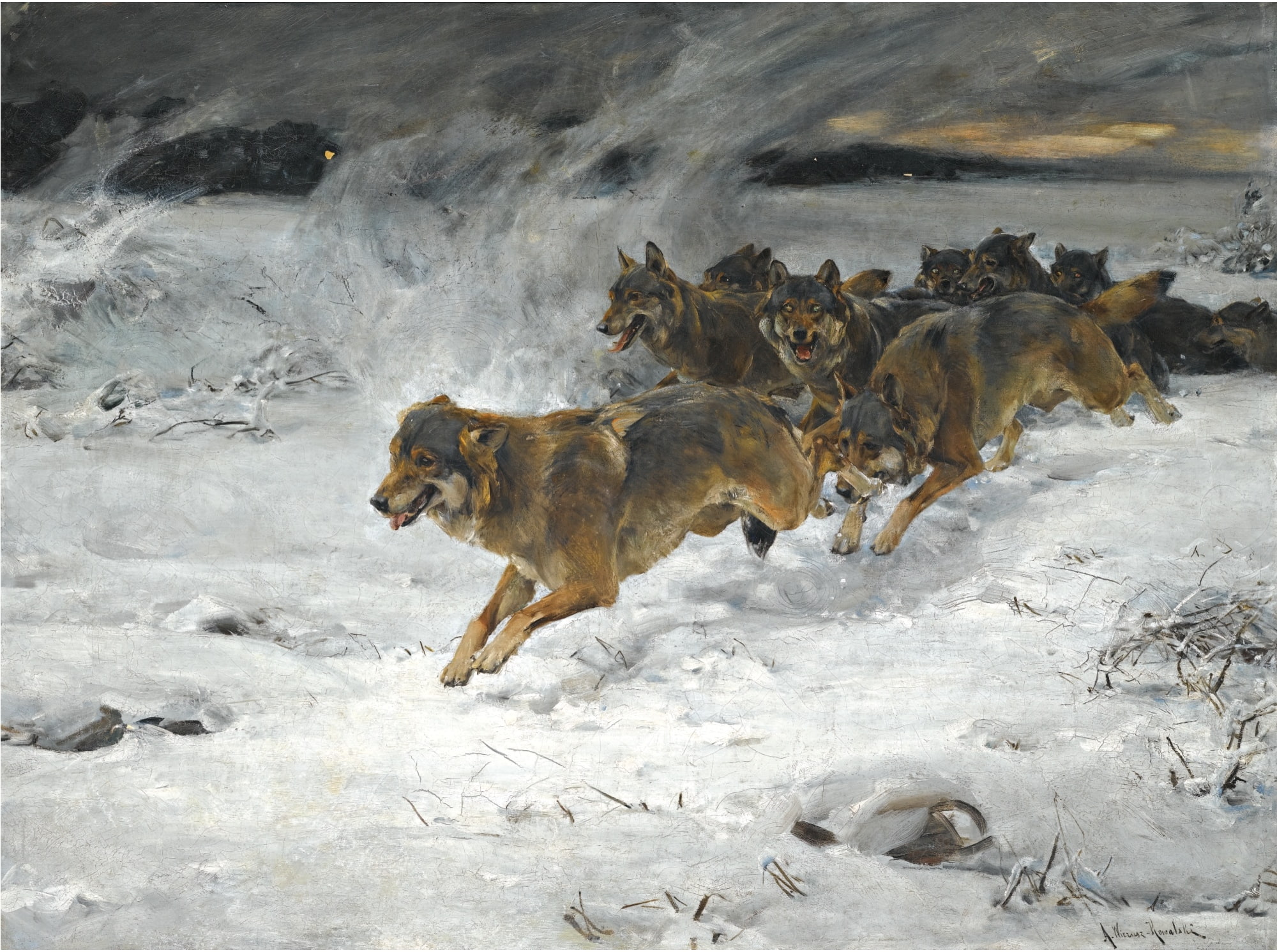 domestic animals, winter, pets, classic art, land, Polish, animal themes, snow, animal, Alfred Kowalski-Wierusz, group of animals, wolf, motion, 1080P, HD Wallpaper