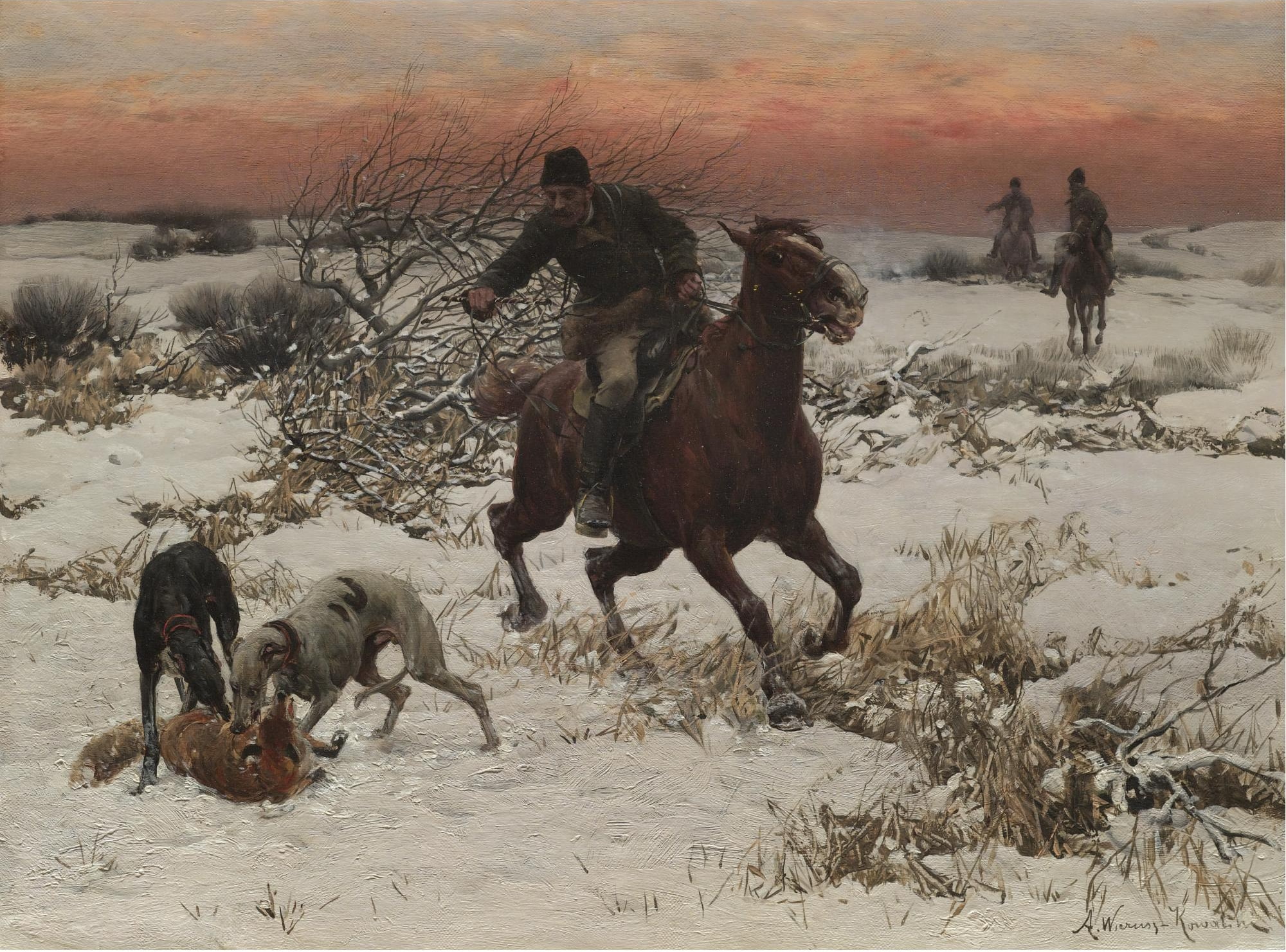 sky, artwork, running, snow, Alfred Kowalski-Wierusz, classic art, domestic animals, nature, 1080P, Polish, livestock, animal themes, group of animals, HD Wallpaper