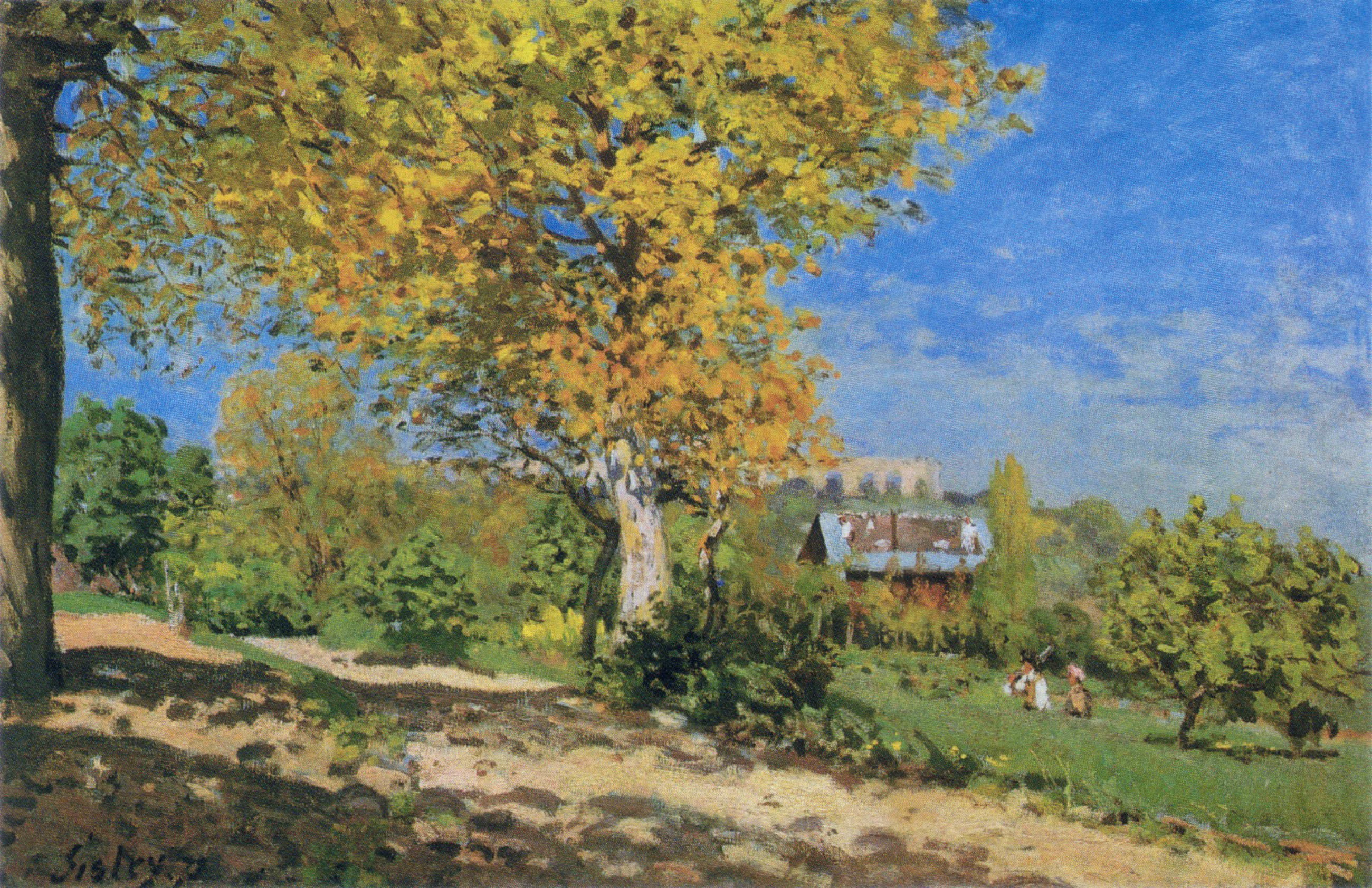 plant part, painting, garden, leaf, Alfred Sisley, picture, landscape, 2K, change, house, built structure, brown, the sky, outdoors, building exterior, HD Wallpaper