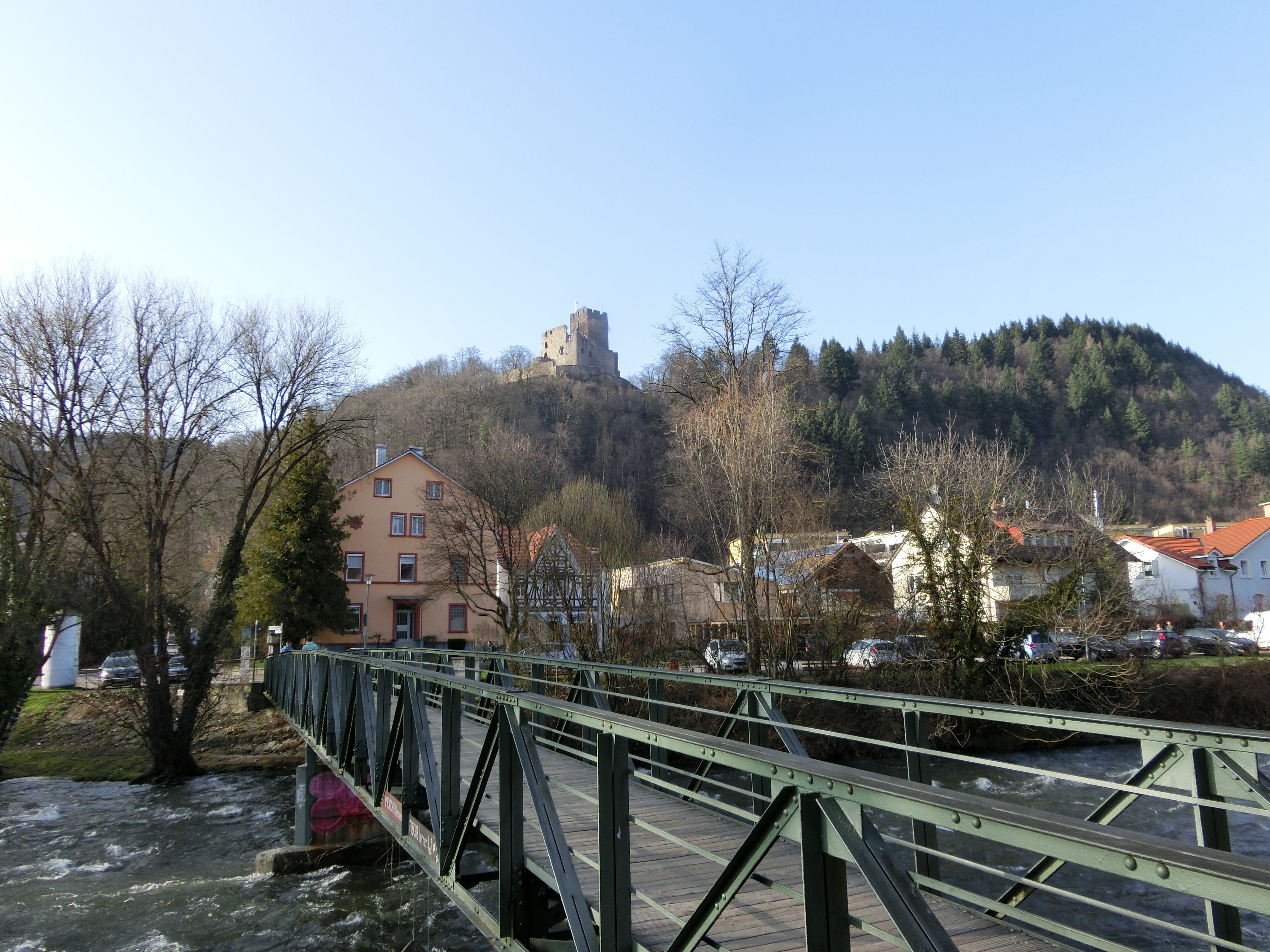 river, railing, architecture, connection, 4K, day, Kastelburg, transportation, city, black forest, no people, bridge, bare tree, canal, residential district, HD Wallpaper