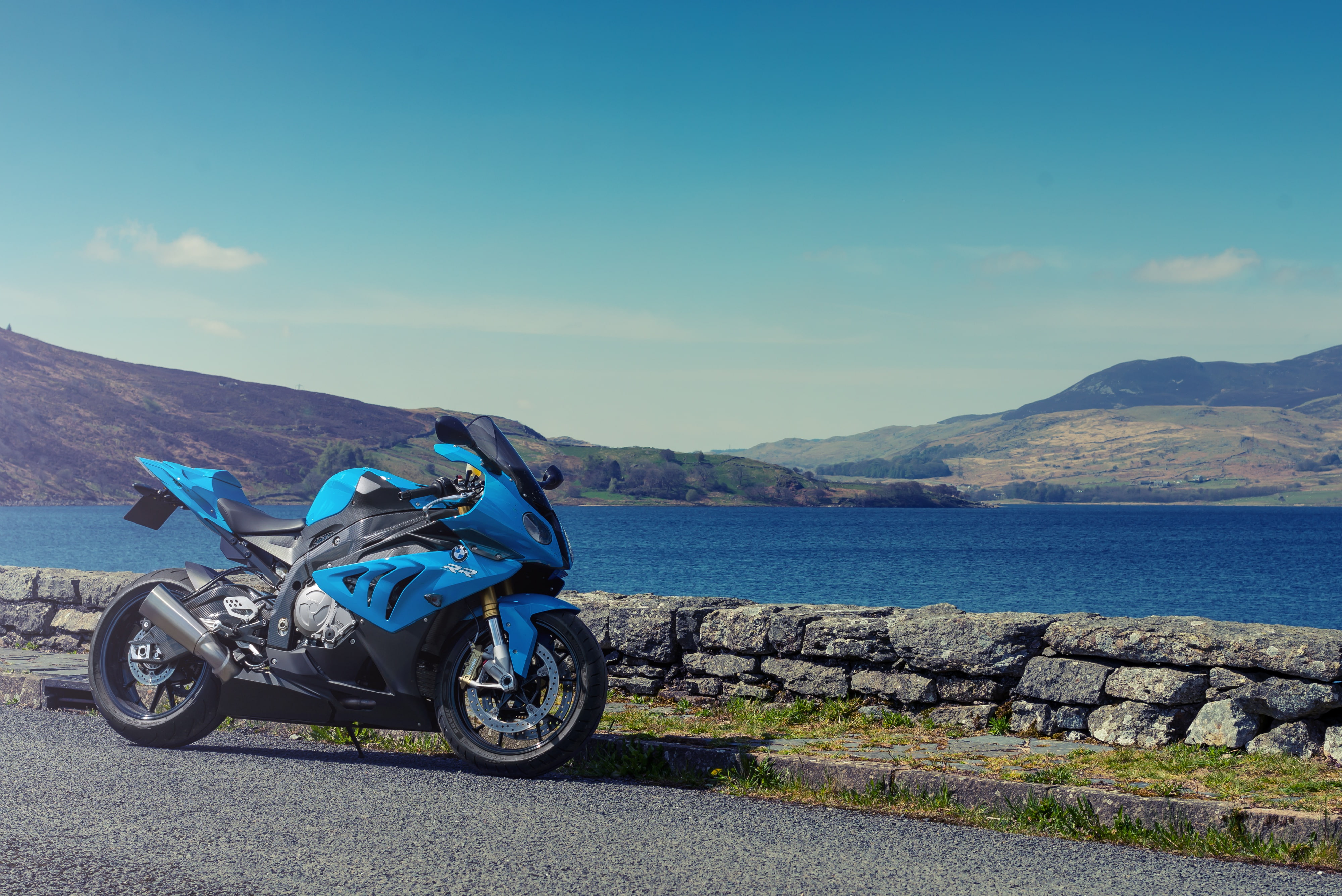 cloud - sky, mode of transportation, travel, lake, nature, 4K, outdoors, sky, water, beauty in nature, hd, bikes, stationary, no people, day, blue, bmw, HD Wallpaper