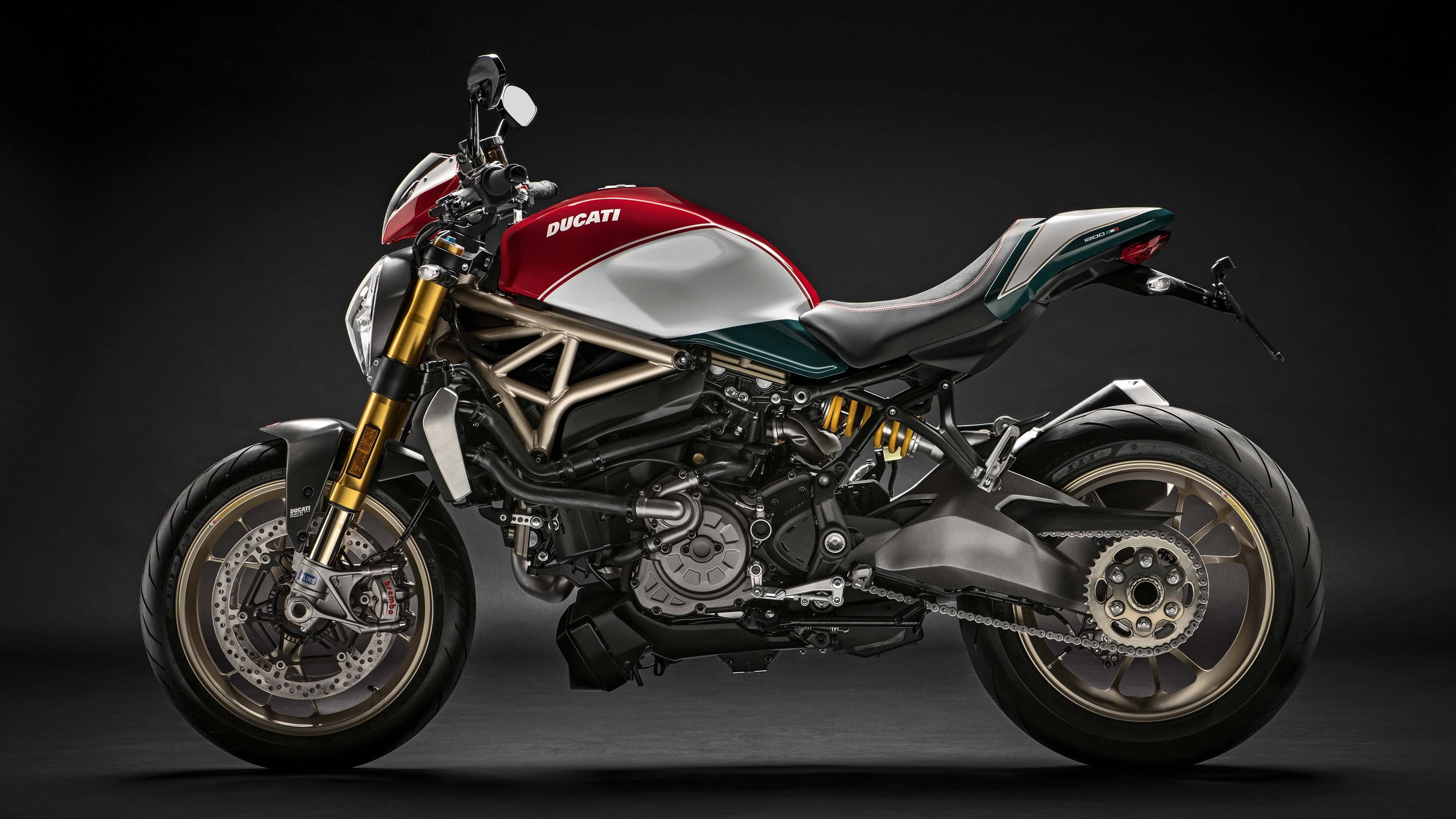 motorcycle racing, Ducati, studio shot, Monster, speed, headwear, riding, 1200, crash helmet, stationary, chrome, indoors, mode of transportation, sports helmet, HD Wallpaper
