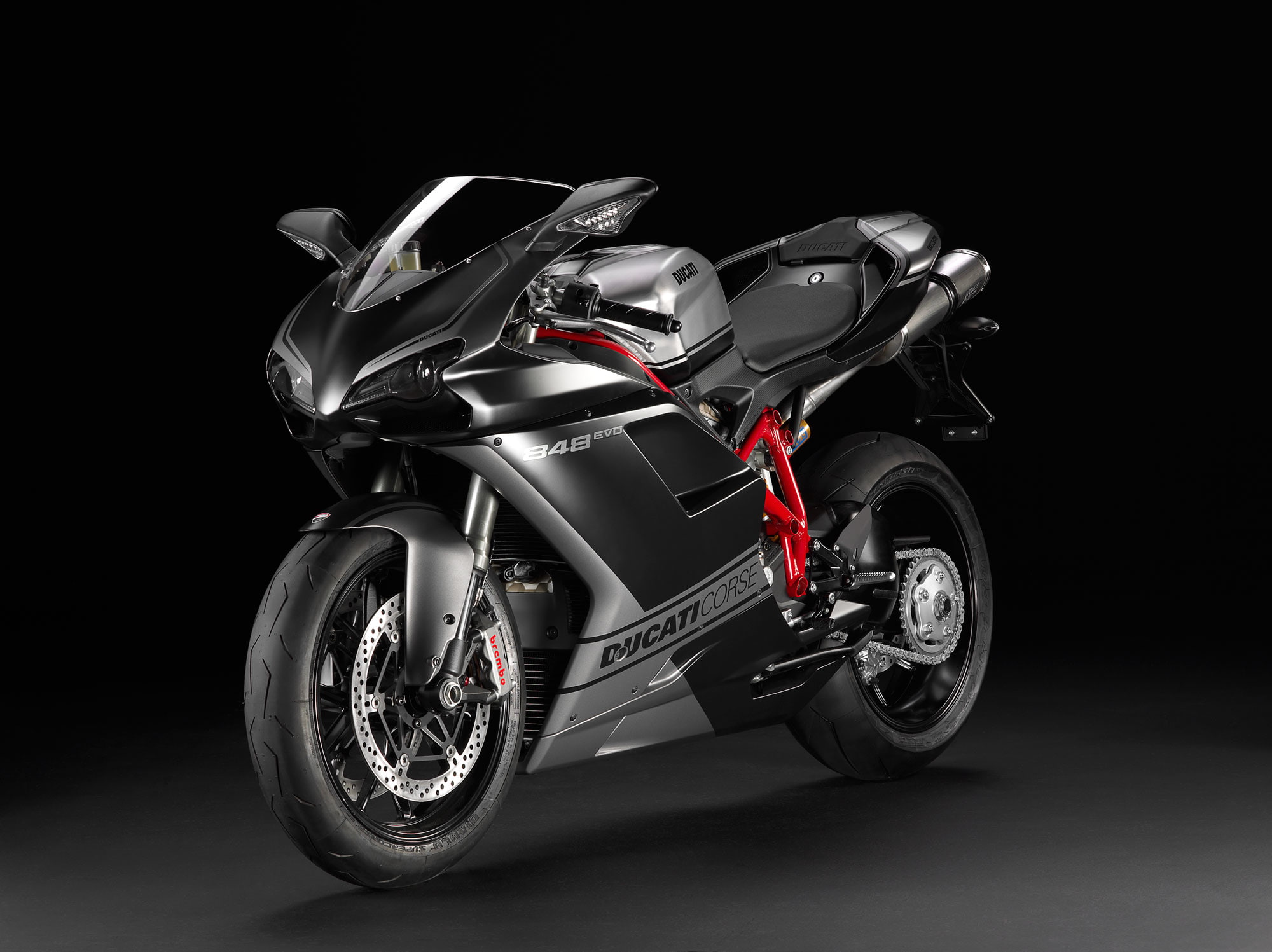 speed, studio shot, metal, leather, wheel, silver colored, no people, indoors, sport, 1080P, retro styled, black background, transportation, helmet, Ducati 848 EVO Course Special Edition, HD Wallpaper