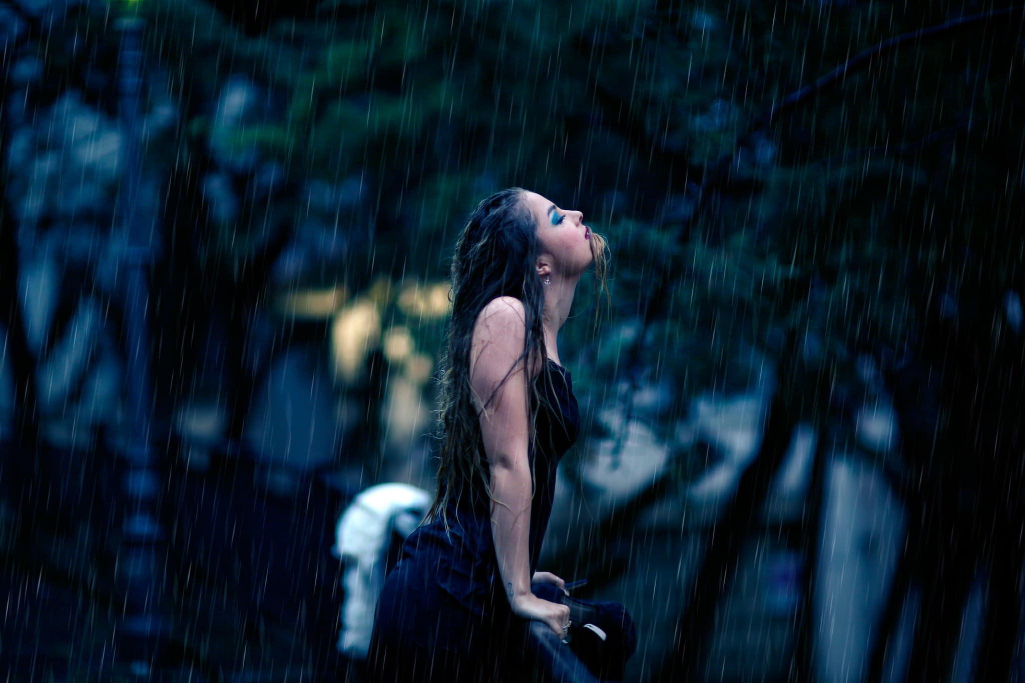 three quarter length, adult, beauty, s, long hair, black, rain, wet body, dress, clothing, 1080P, hairstyle, fashion, emotion, young adult, looking, young women, HD Wallpaper