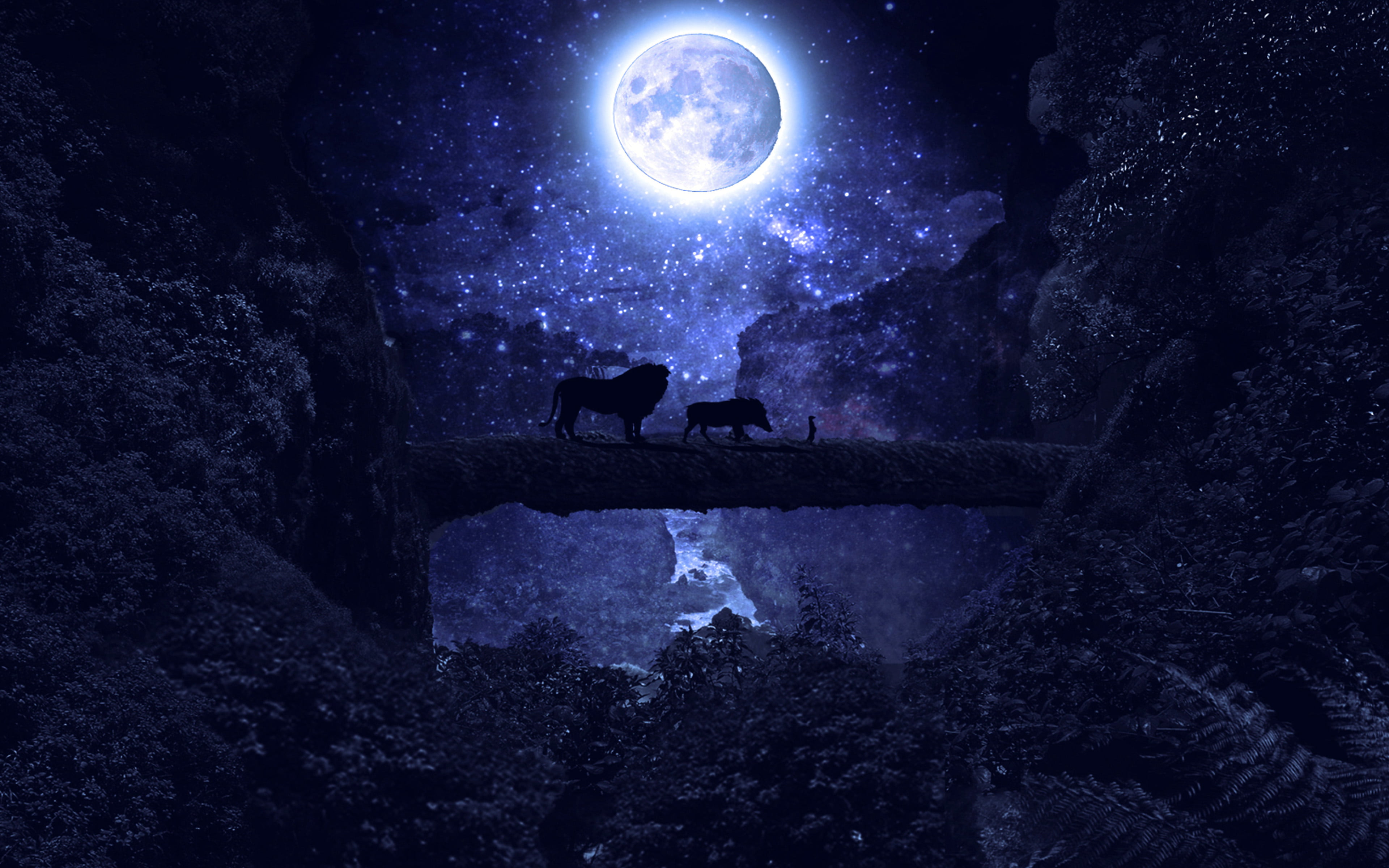 sky, tree, animal, 4K, outdoors, space, art, moonlight, rock, moon, lionking, no people, illustration, animal themes, planetary moon, night, disney, solid, HD Wallpaper