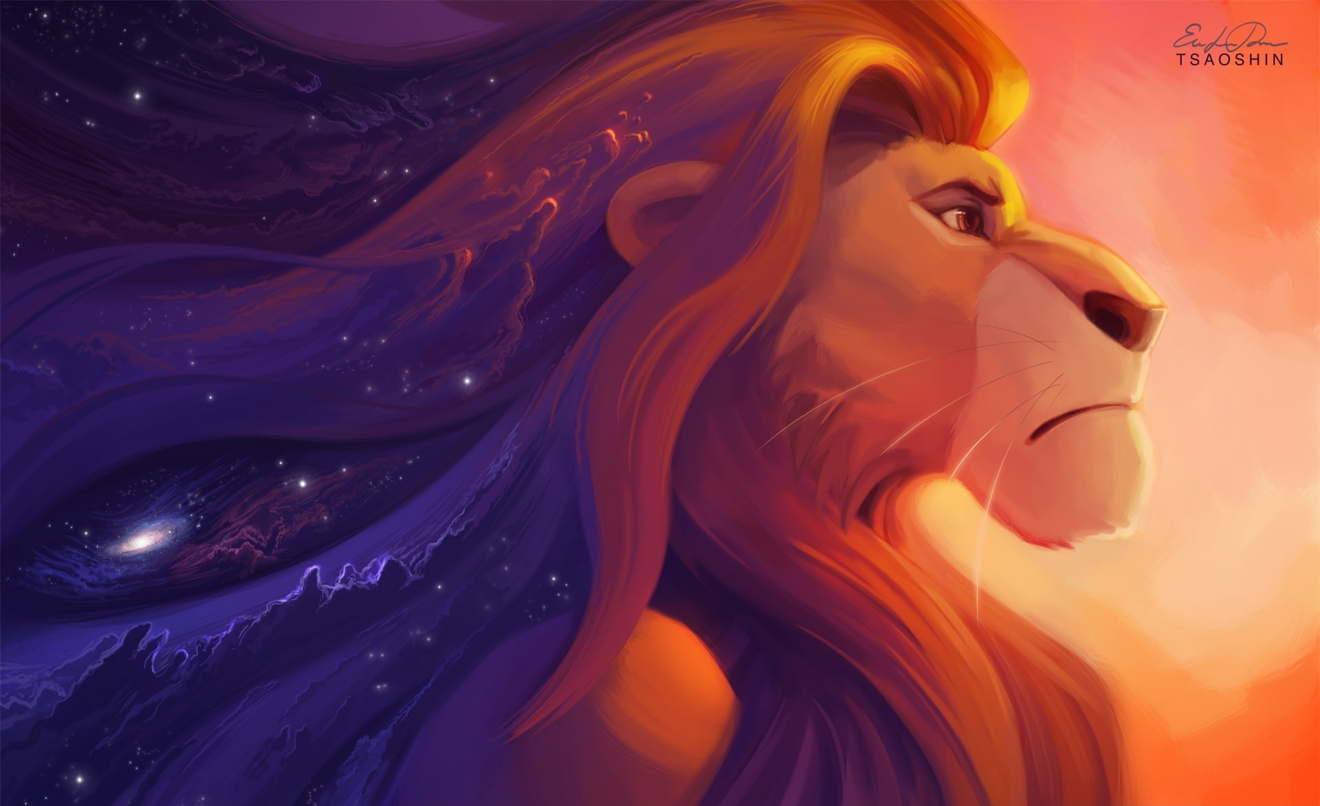 representation, LionKing, art and craft, Space, digital composite, animal wildlife, king, Stars, motion, Orange, pattern, full frame, water, orange color, HD Wallpaper