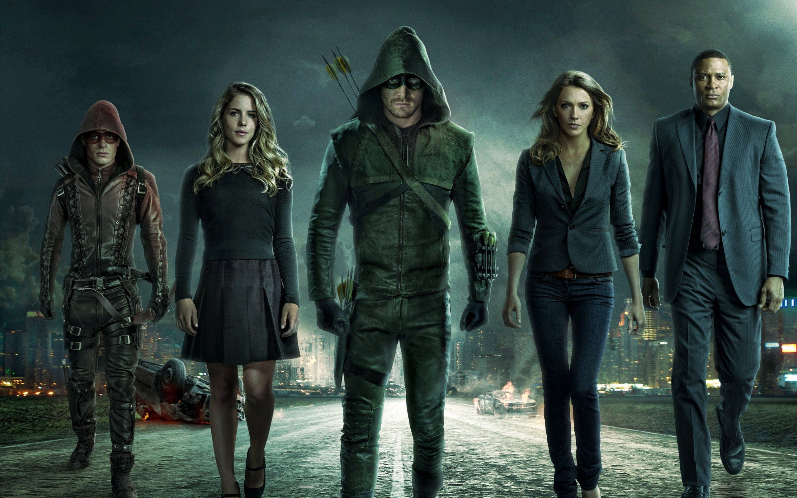 Colton Haynes, Emily Bett Rickards, arrow, David Ramsey, 2K, Felicity Smoak, Katie Cassidy, Green Arrow, Dinah Laurel Lance, Red Arrow, John Diggle, Oliver, HD Wallpaper