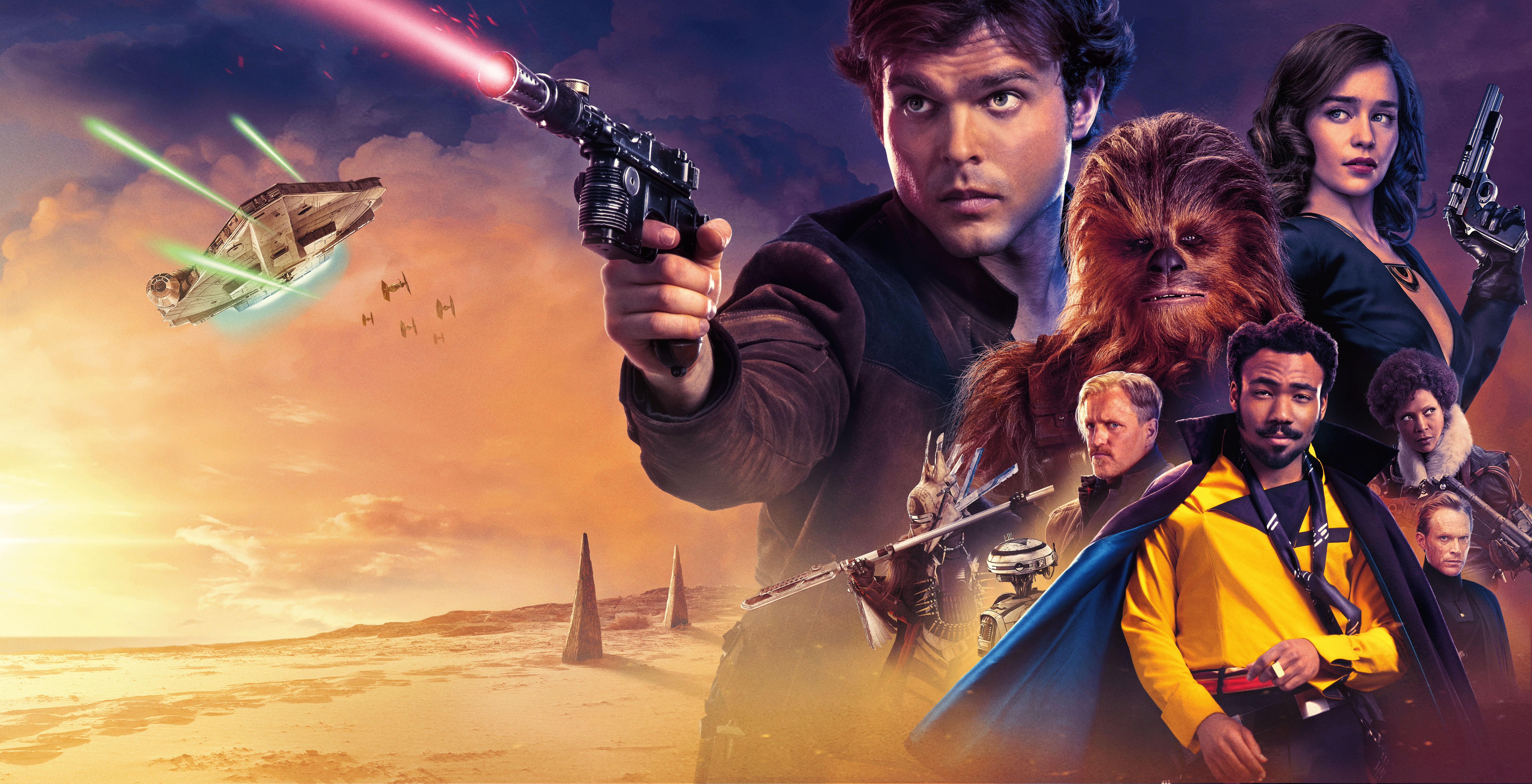 solo a star wars story, men, 5k, emilia clarke, 4k, 2018 movies, movies, sky, beautiful people, females, males, young adult, heterosexual couple, 8k, hunter, HD Wallpaper