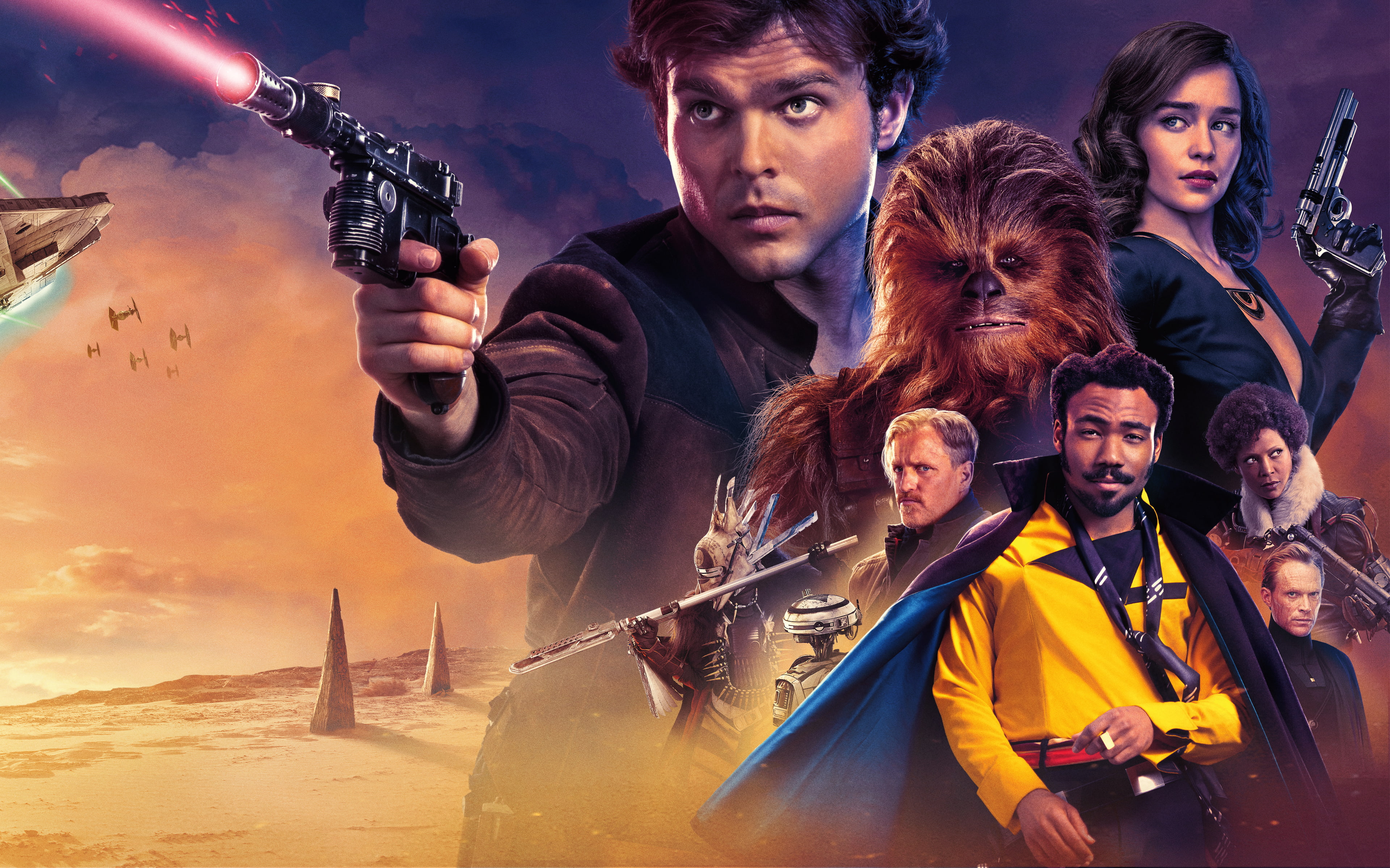 Han Solo, Chewbacca, Qira (Star Wars), Woody Harrelson, Lando Calrissian, Star Wars, Alden Ehrenreich, Emilia Clarke, Tobias Beckett, 4K, Solo: A Star Wars Story, HD Wallpaper