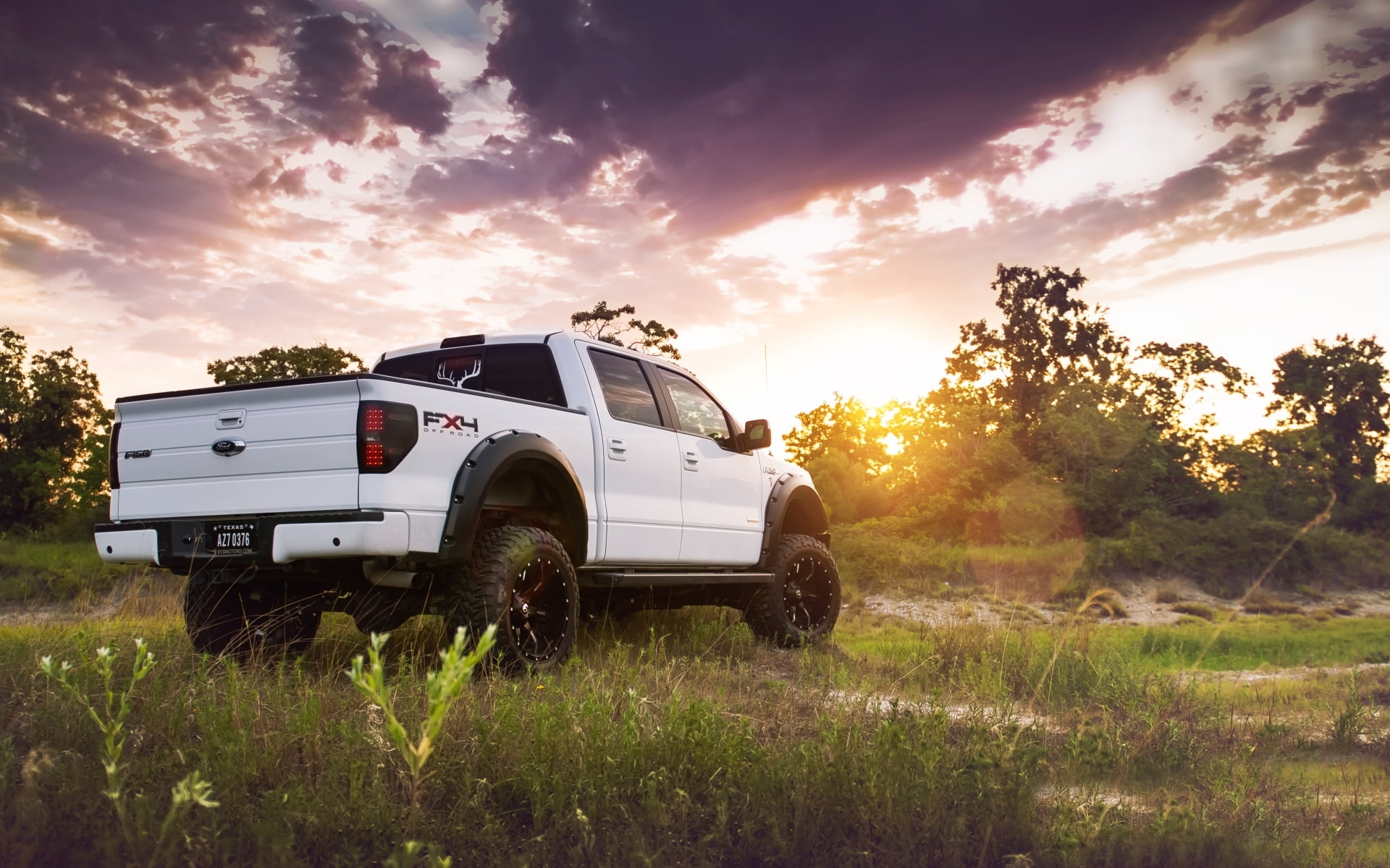 land, truck, pickup, mode of transportation, travel, white, landscape, the sun, cab, crew, plant, trees, cloud - sky, tuning, sunset, sunlight, sky, car, HD Wallpaper