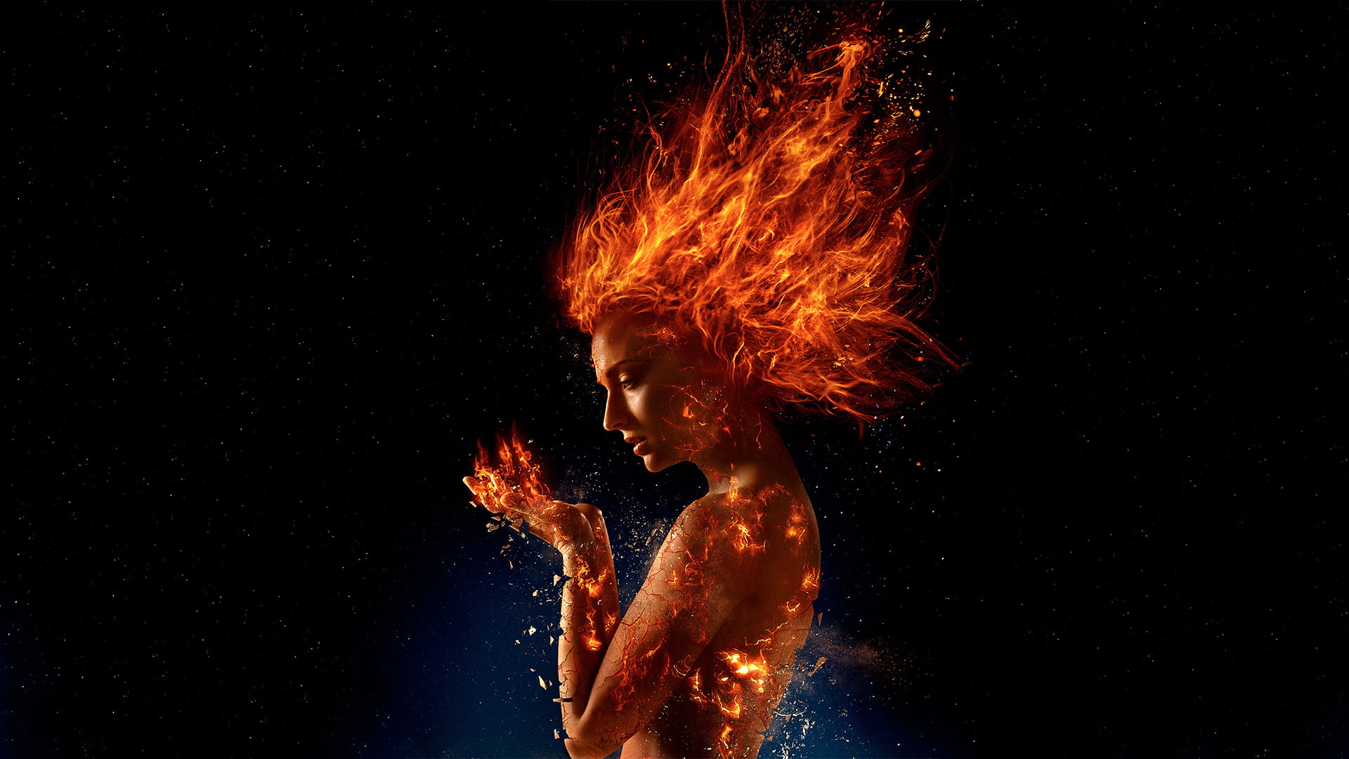 flame, fire, x men dark phoenix, shirtless, orange color, adult, sophie turner, studio shot, portrait, heat - temperature, fire - natural phenomenon, 1080P, HD Wallpaper