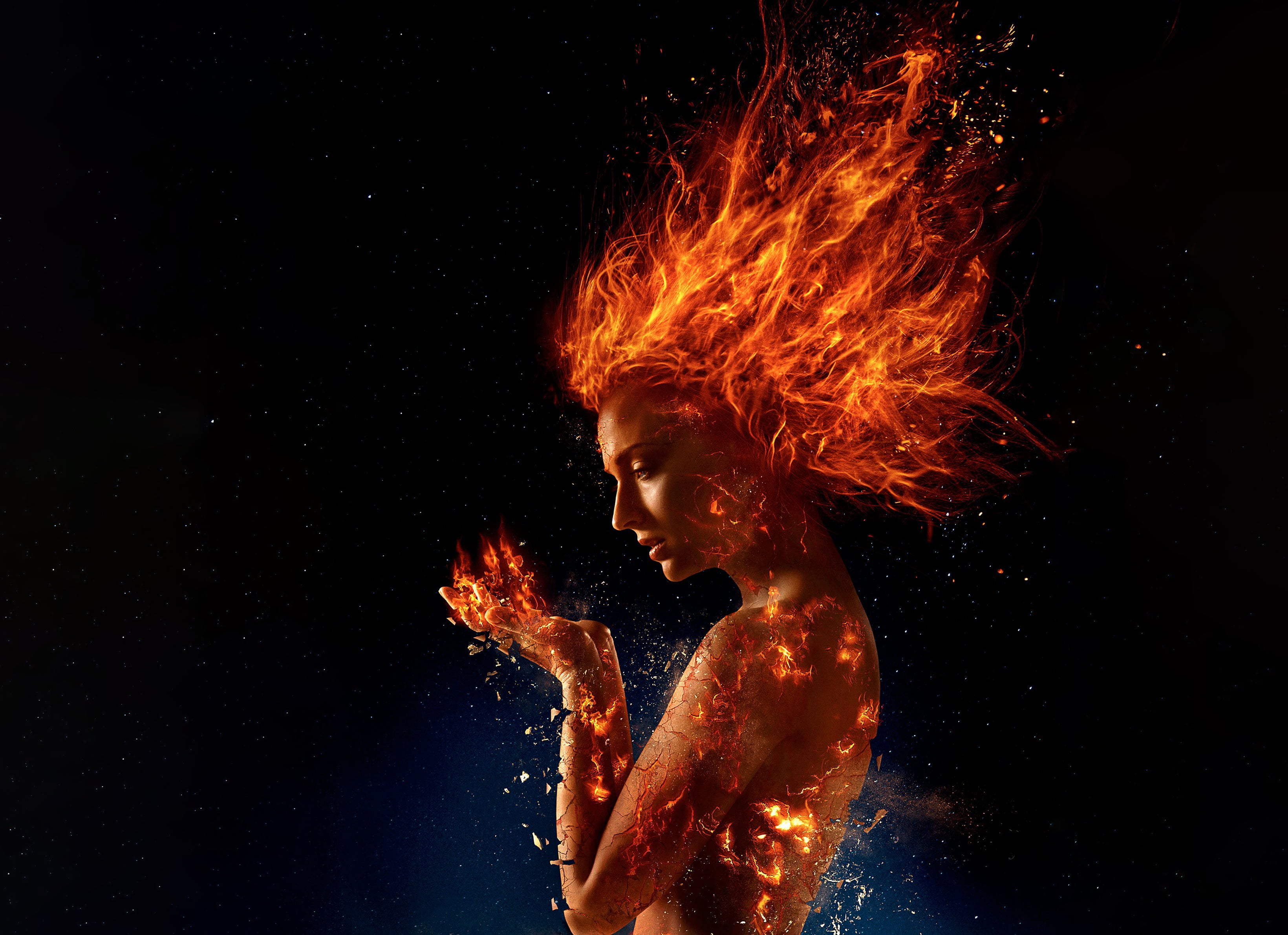 digital composite, 2019 movies, 2K, headshot, nature, sophie turner, 4k, motion, flame, x men dark phoenix, side view, one person, movies, fire - natural phenomenon, HD Wallpaper